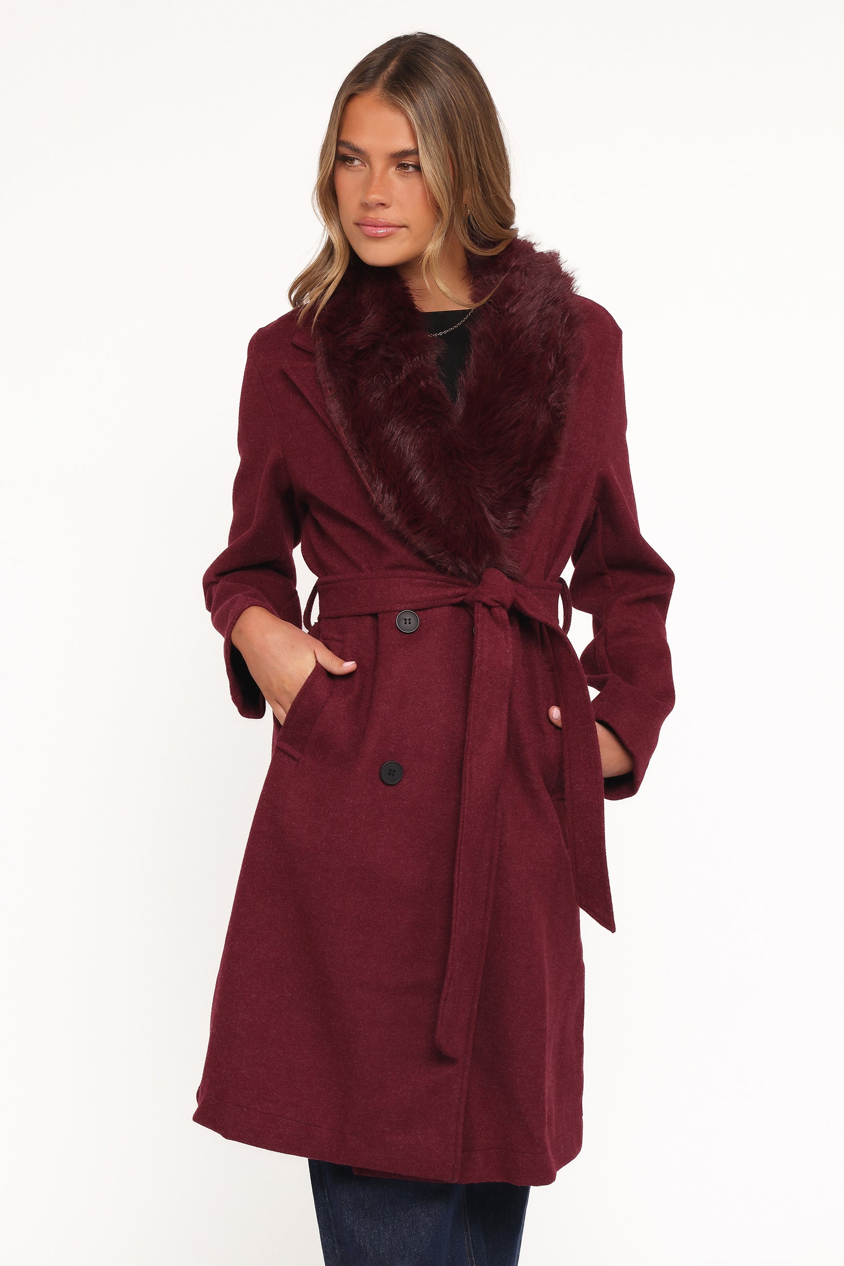 OUTERWEAR Nina Fur Collar Tie Waist Coat - Burgundy