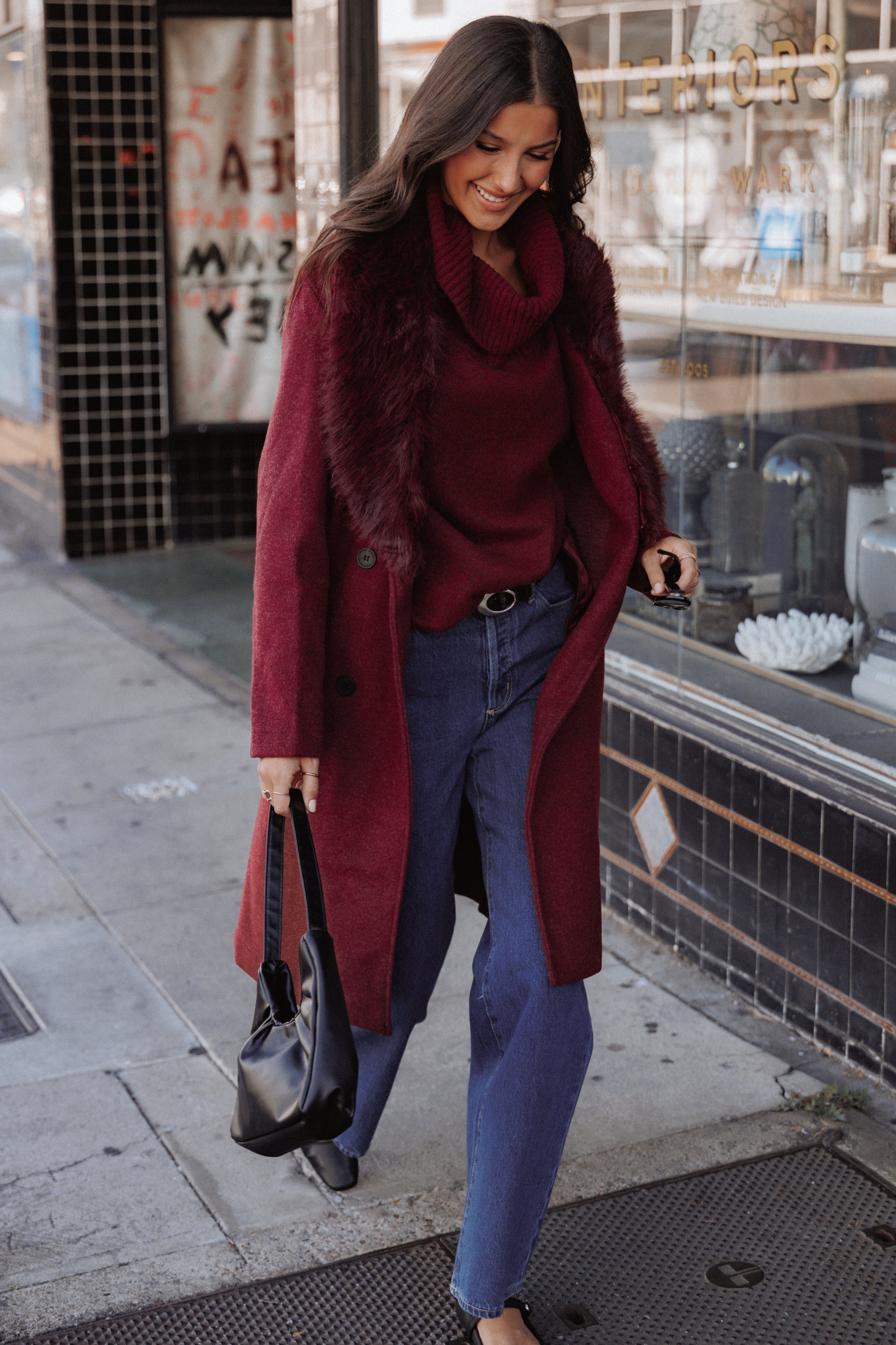 OUTERWEAR Nina Fur Collar Tie Waist Coat - Burgundy
