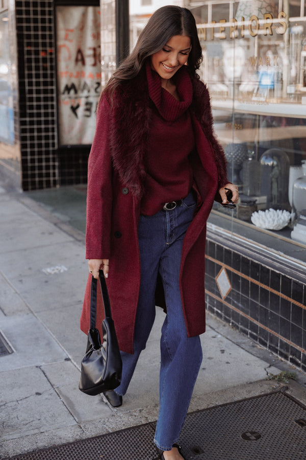 OUTERWEAR Nina Fur Collar Tie Waist Coat - Burgundy