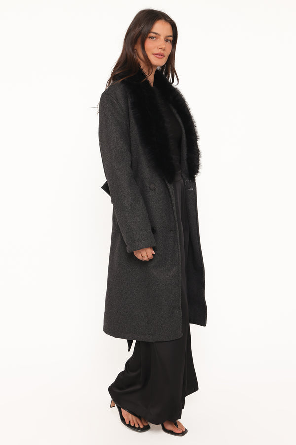 OUTERWEAR Nina Fur Collar Tie Waist Coat - Charcoal