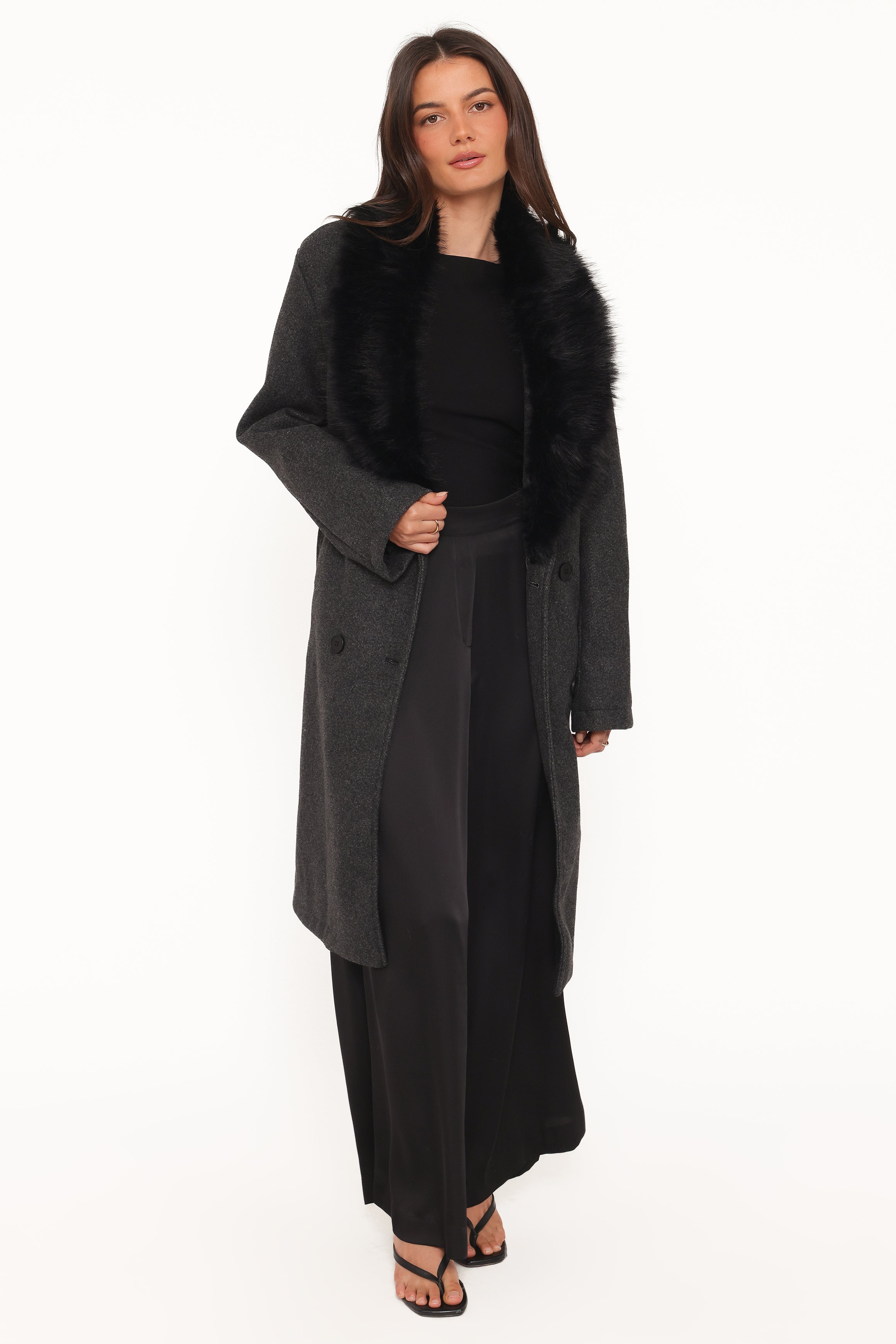 OUTERWEAR Nina Fur Collar Tie Waist Coat - Charcoal
