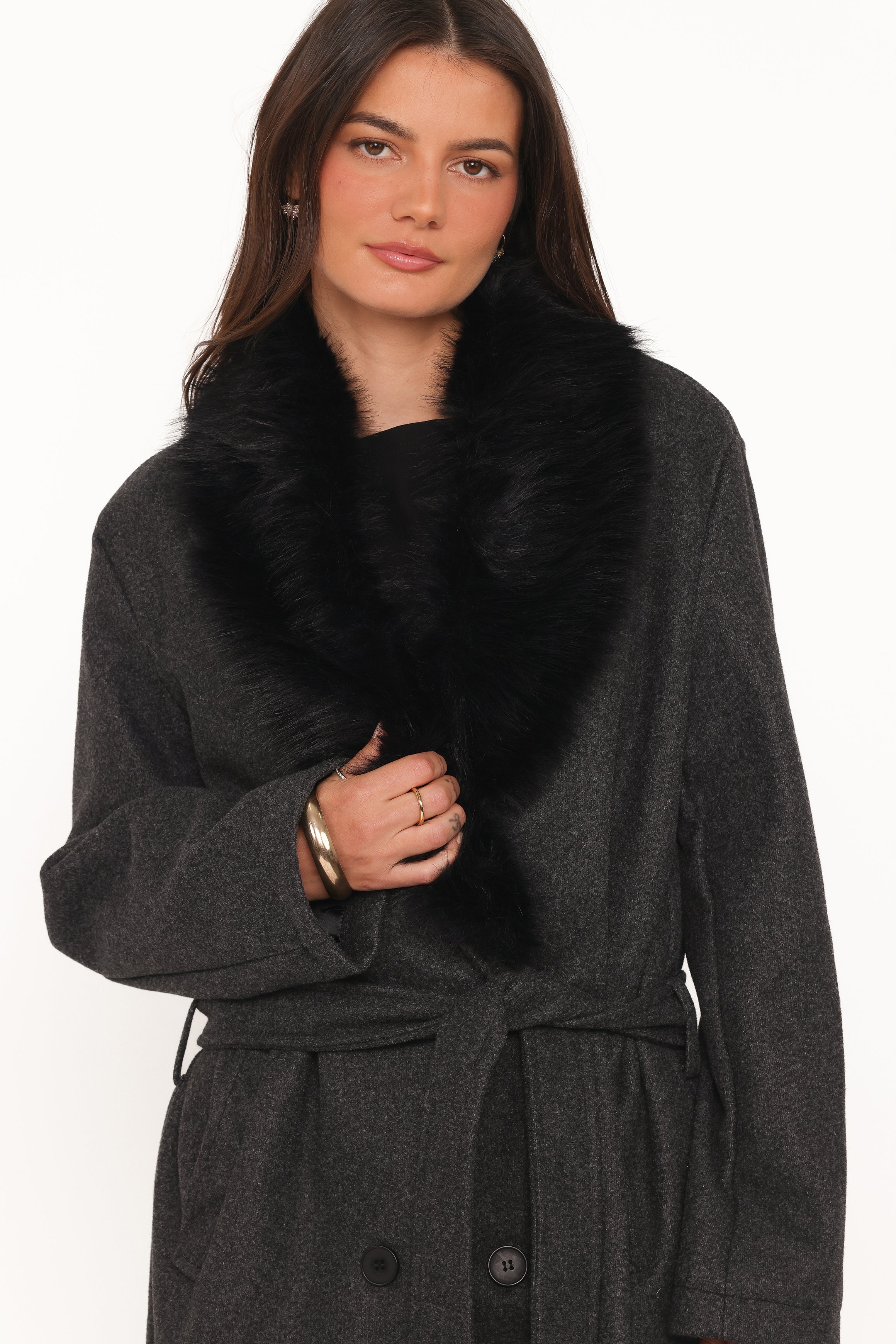 OUTERWEAR Nina Fur Collar Tie Waist Coat - Charcoal