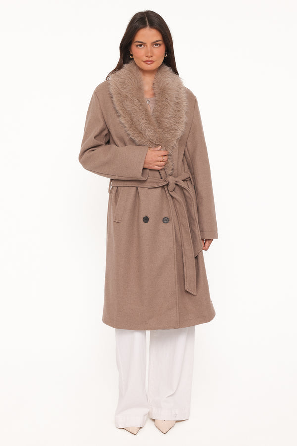 OUTERWEAR Nina Fur Collar Tie Waist Coat - Toffee Brown