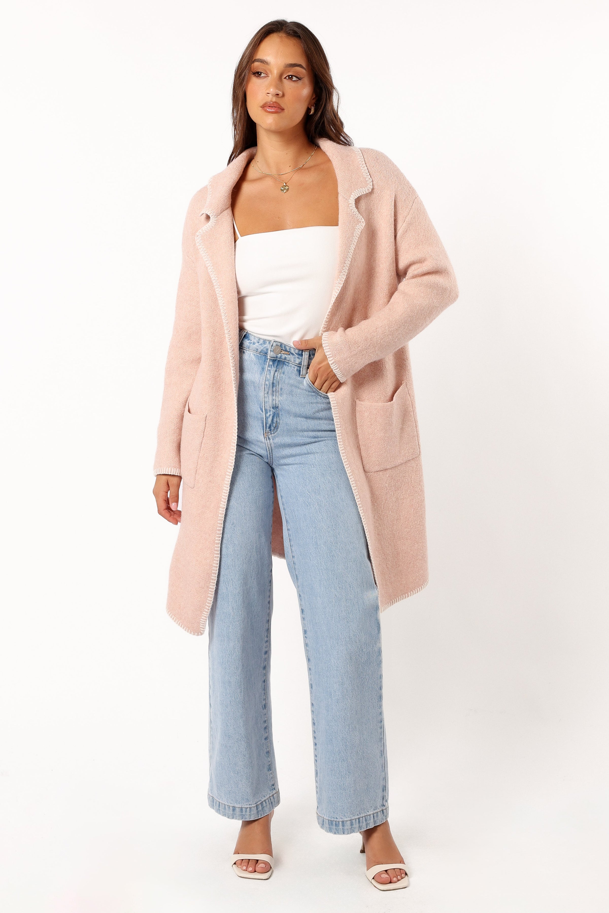 OUTERWEAR @Oaklynn Contrast Stitch Coatigan - Pink