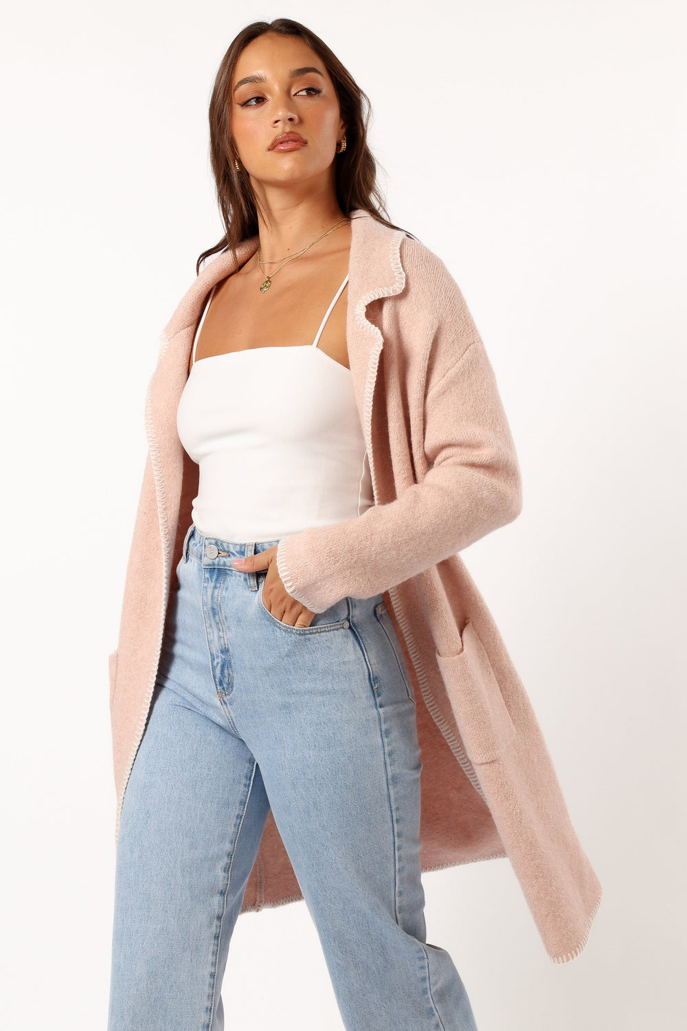 OUTERWEAR @Oaklynn Contrast Stitch Coatigan - Pink