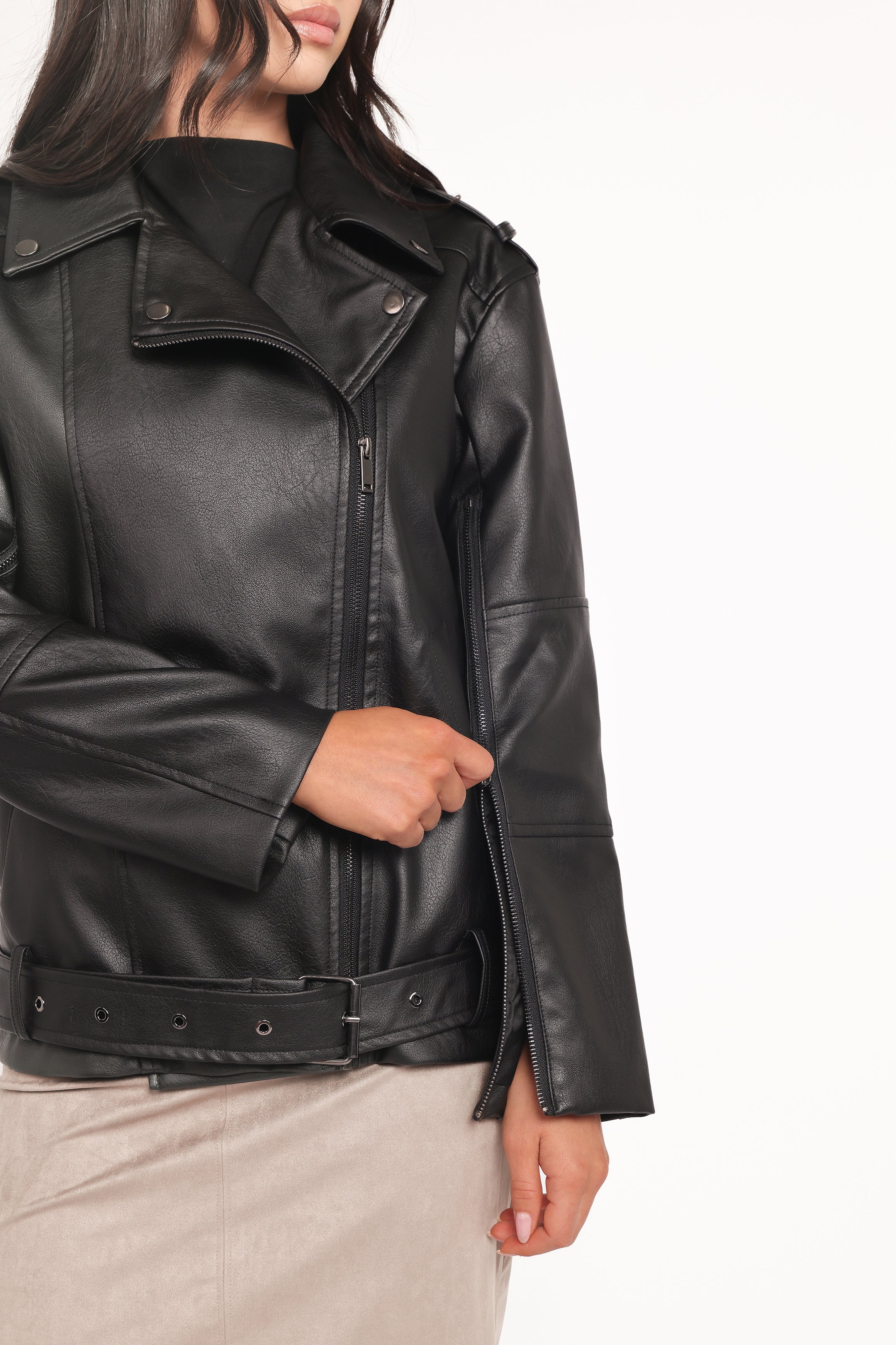 OUTERWEAR Parsons Oversized Faux Leather Moto Jacket - Black