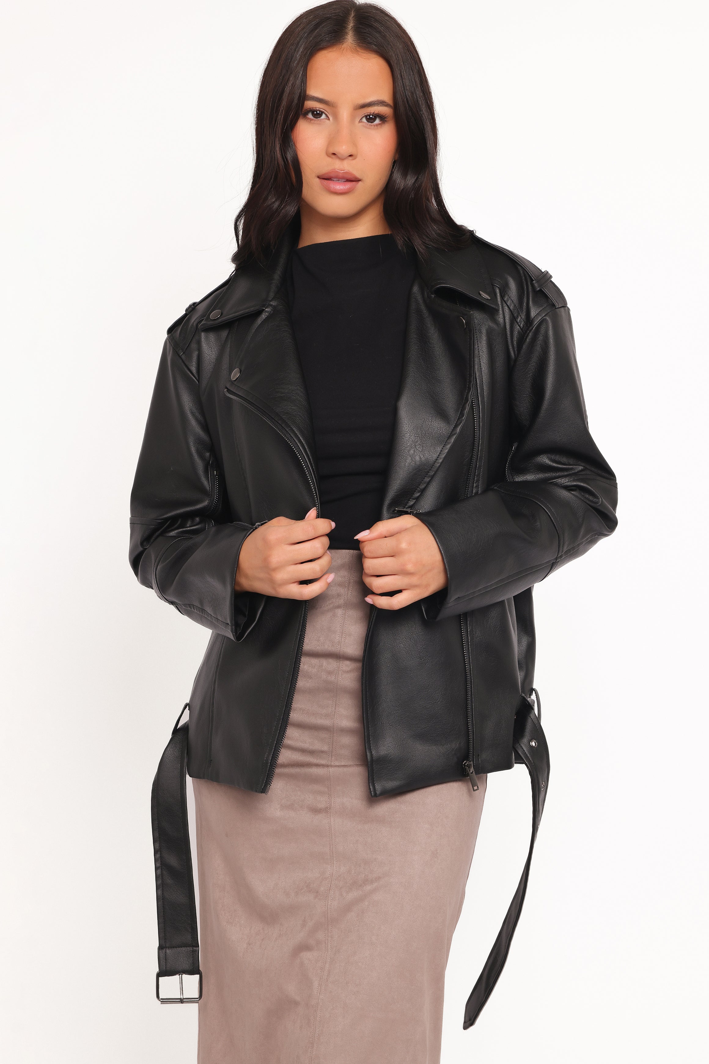OUTERWEAR Parsons Oversized Faux Leather Moto Jacket - Black
