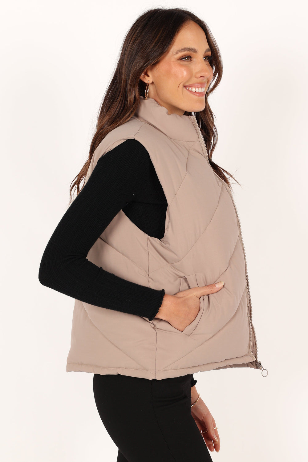 OUTERWEAR @Piper Chevron Quilted Puffer Vest - Beige
