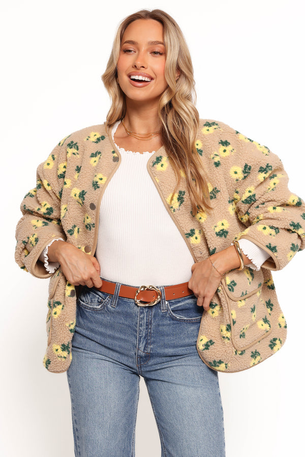 OUTERWEAR Roux Flower Print Shearling Jacket - Taupe