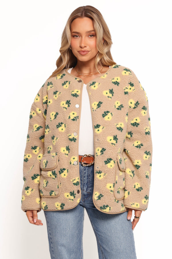 OUTERWEAR Roux Flower Print Shearling Jacket - Taupe