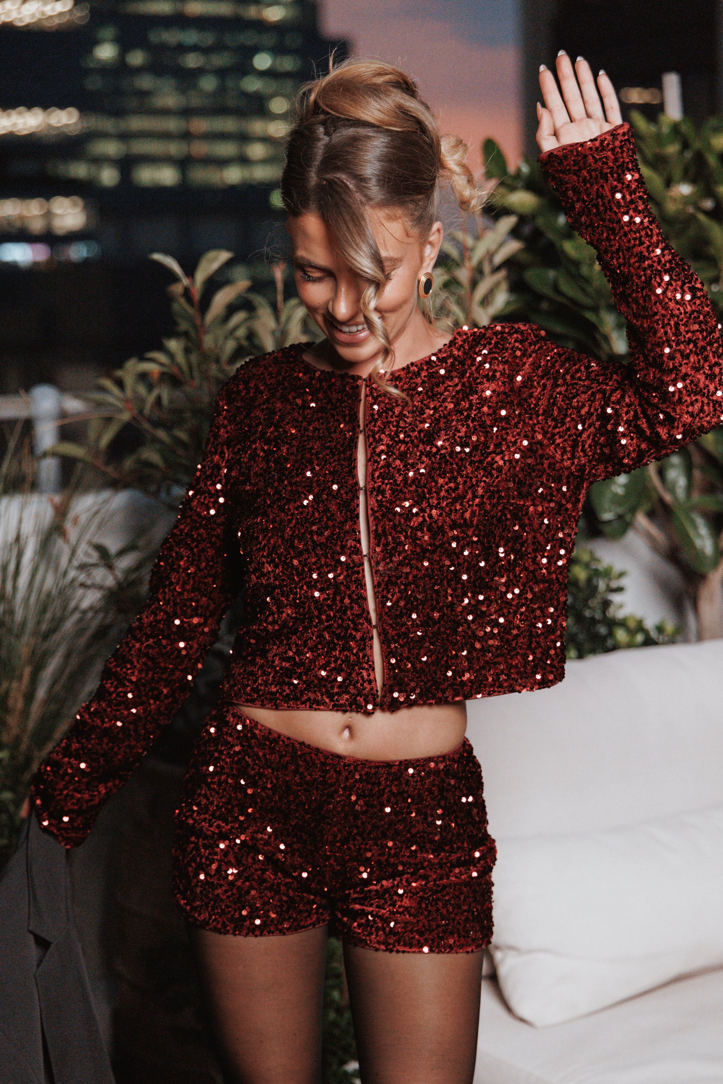 OUTERWEAR Scarlette Cropped Jacket - Burgundy Sequin