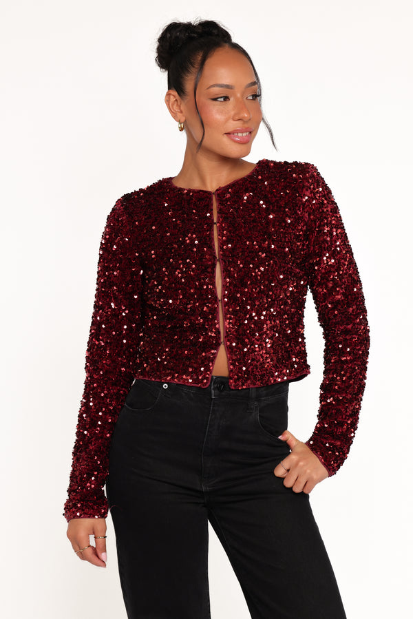 OUTERWEAR Scarlette Cropped Jacket - Burgundy Sequin