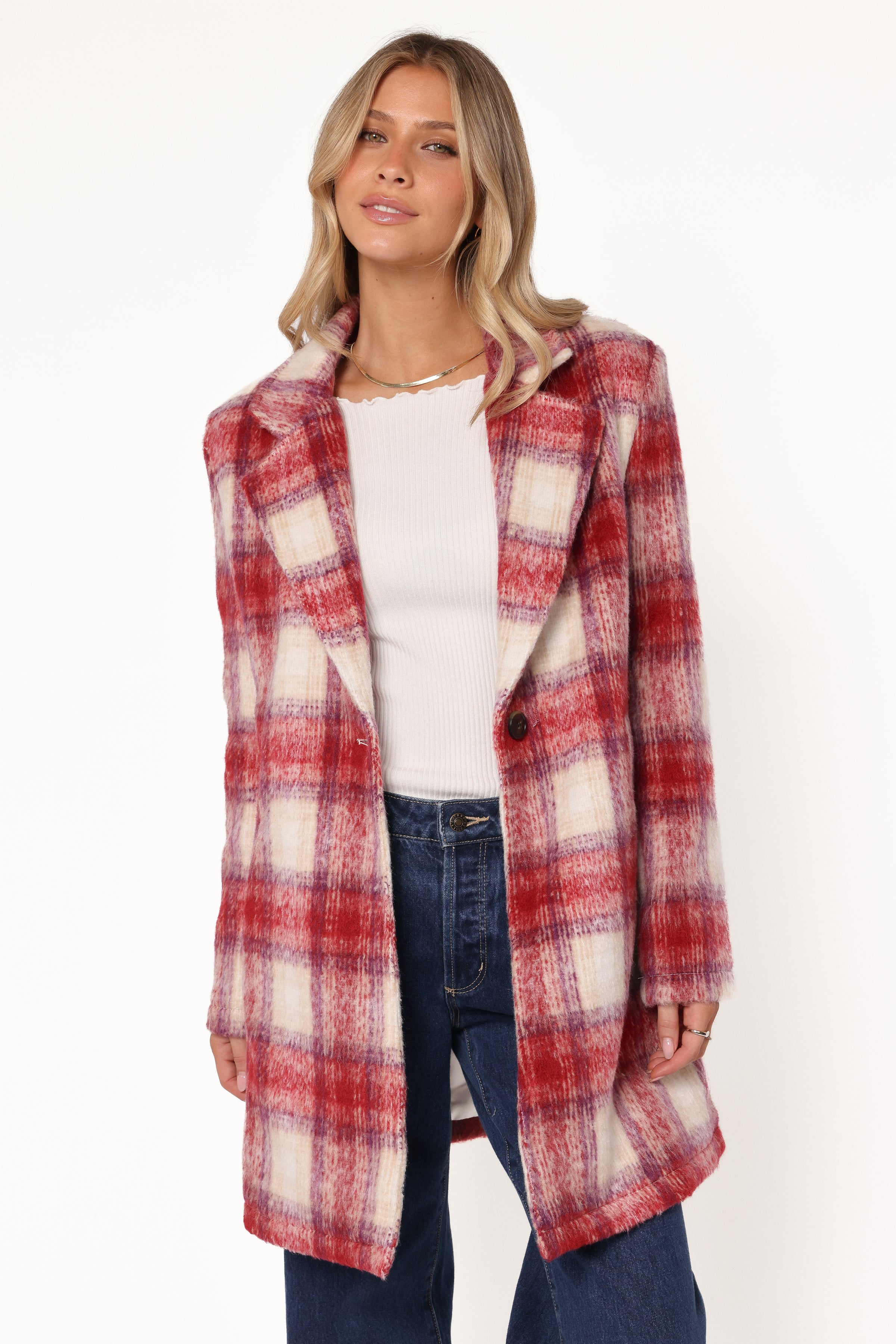 OUTERWEAR Travistine Long Plaid Coat - Pink