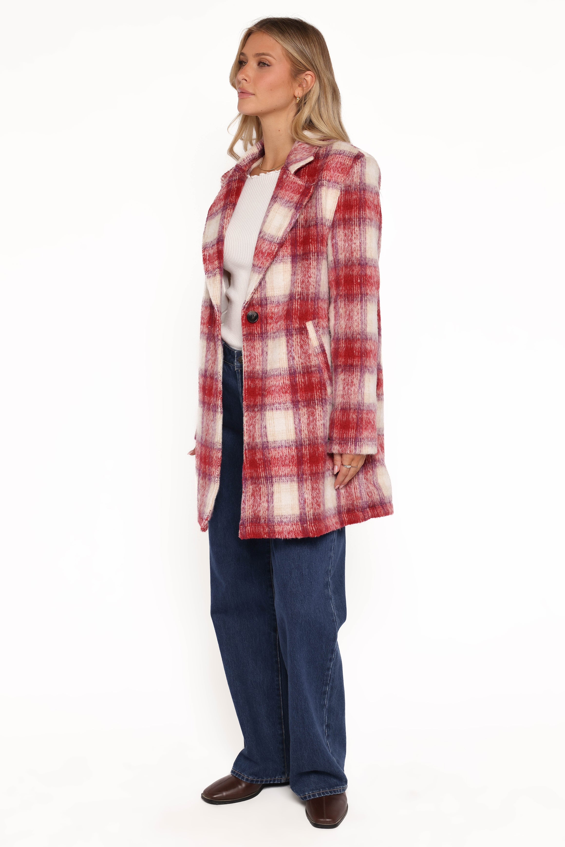 OUTERWEAR Travistine Long Plaid Coat - Pink