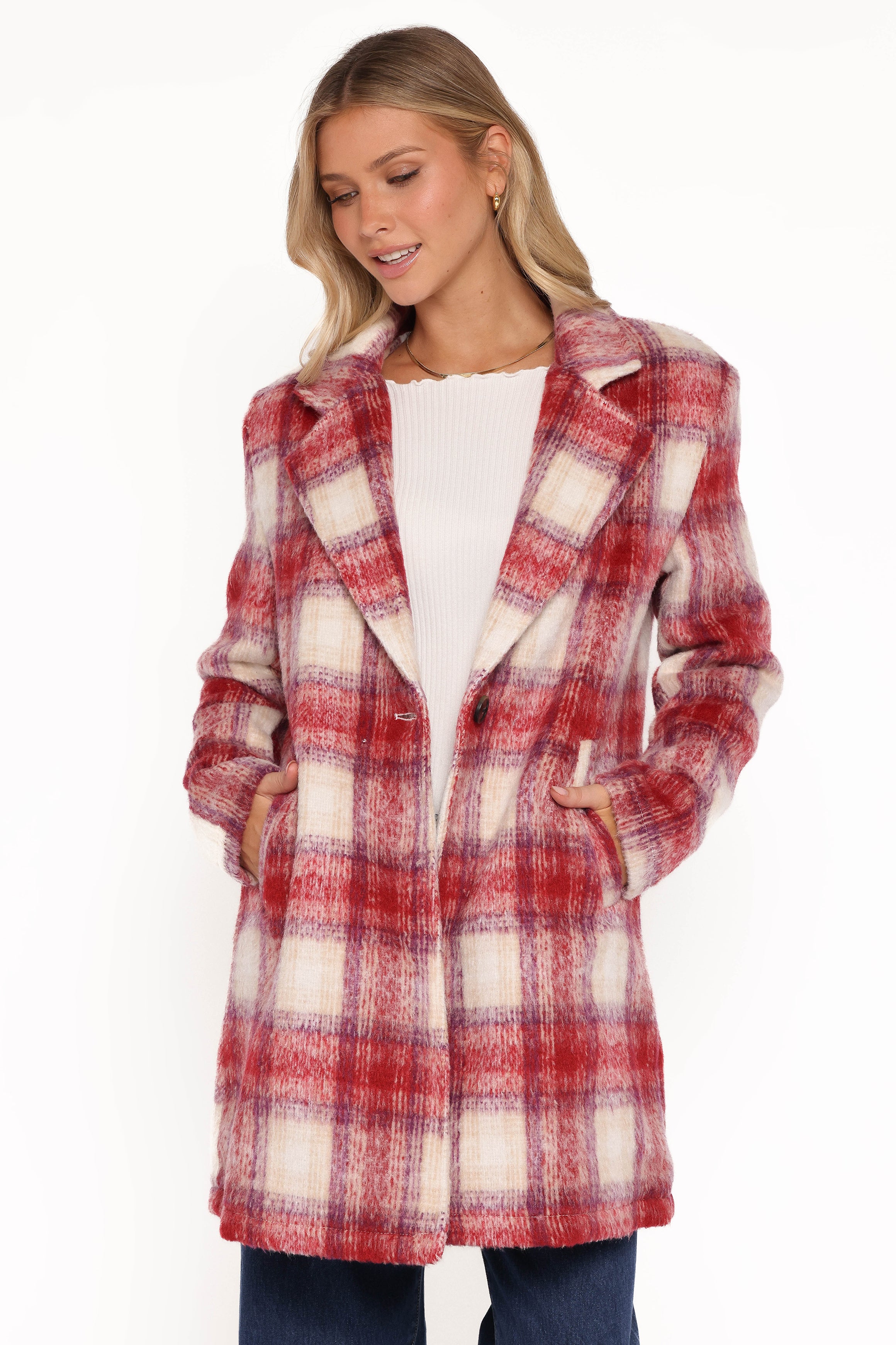 OUTERWEAR Travistine Long Plaid Coat - Pink