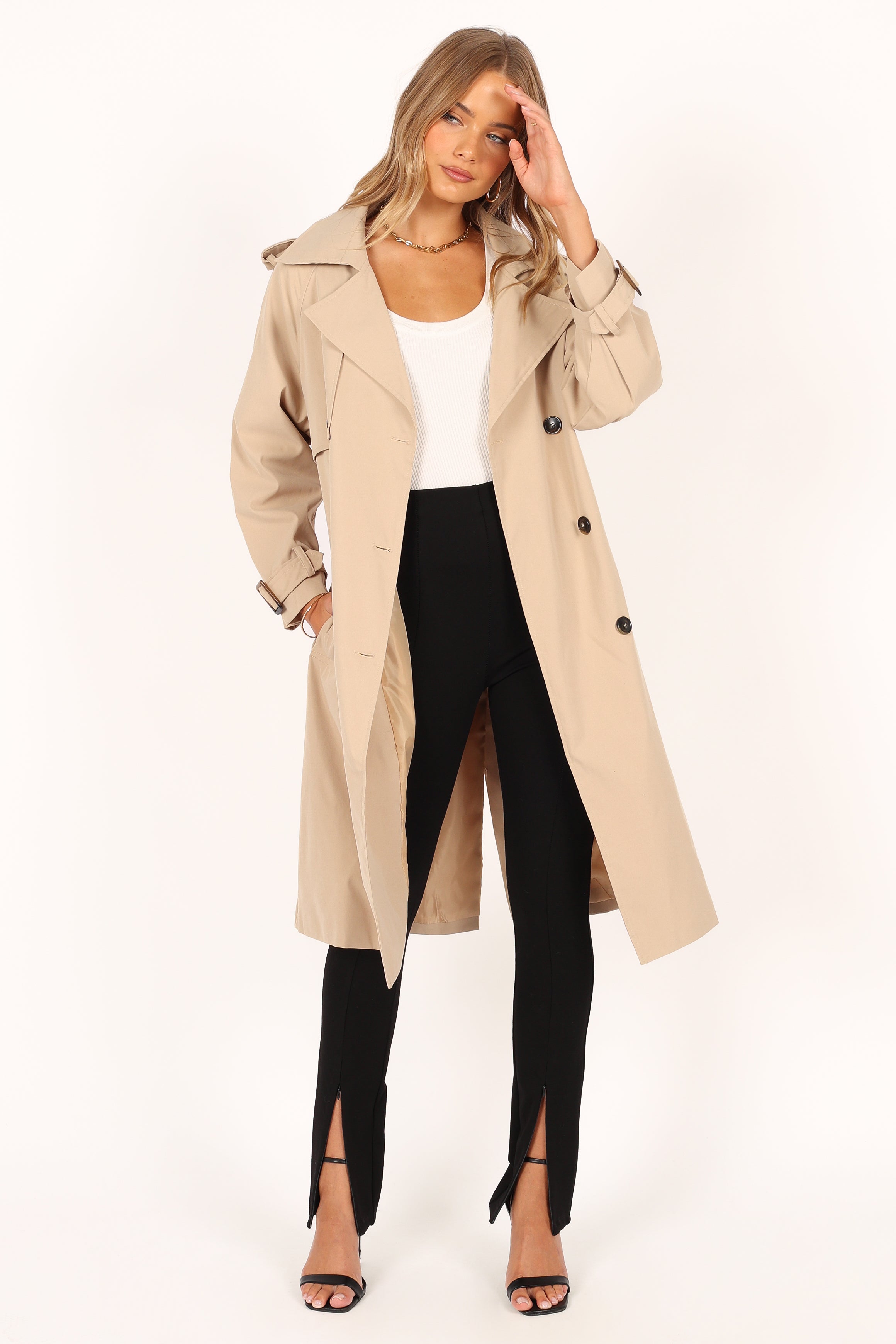 OUTERWEAR Trina Button Front Trench Coat - Beige