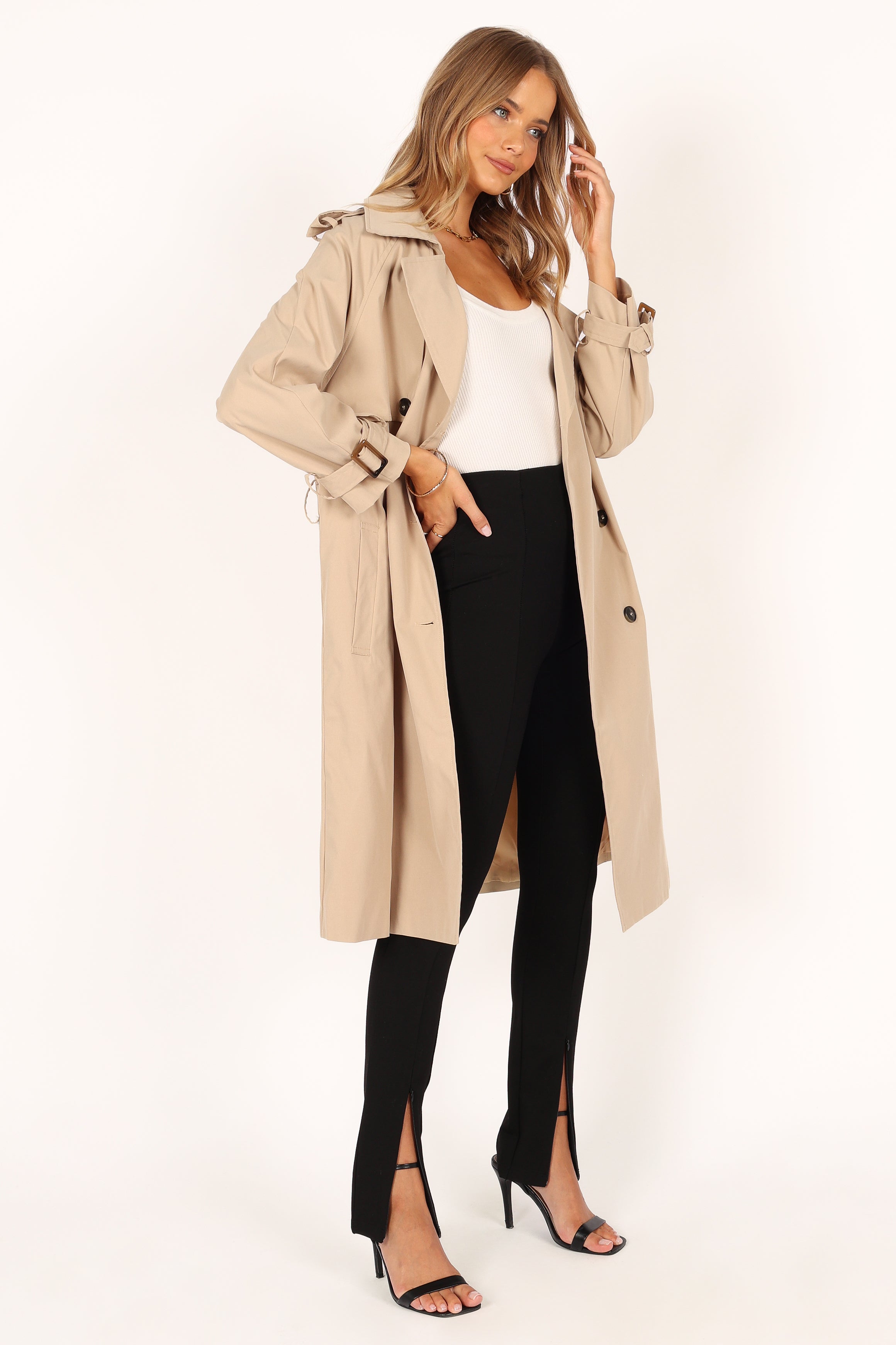 OUTERWEAR Trina Button Front Trench Coat - Beige
