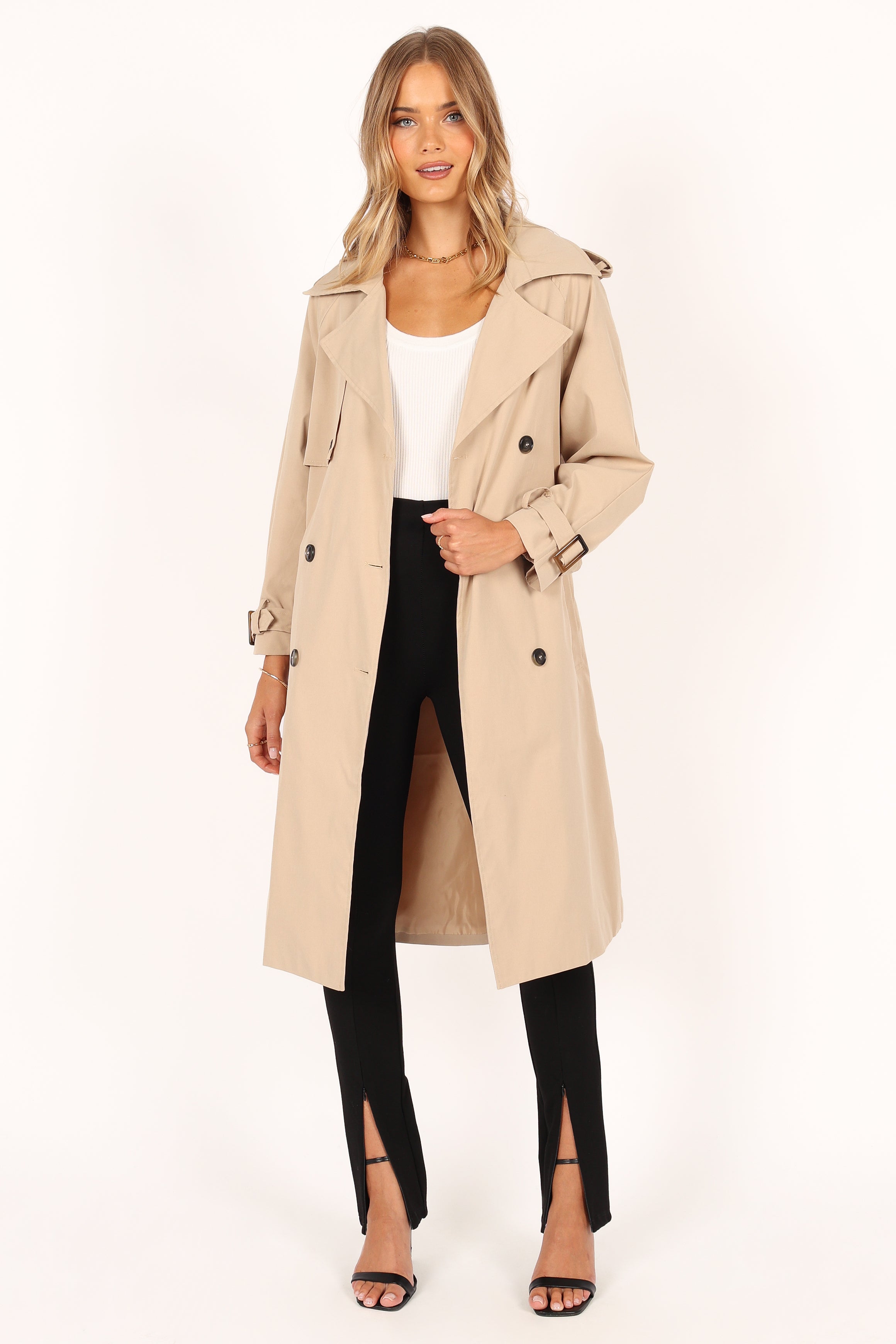 OUTERWEAR Trina Button Front Trench Coat - Beige