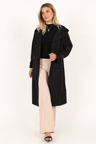 OUTERWEAR @Trina Button Front Trench Coat - Black