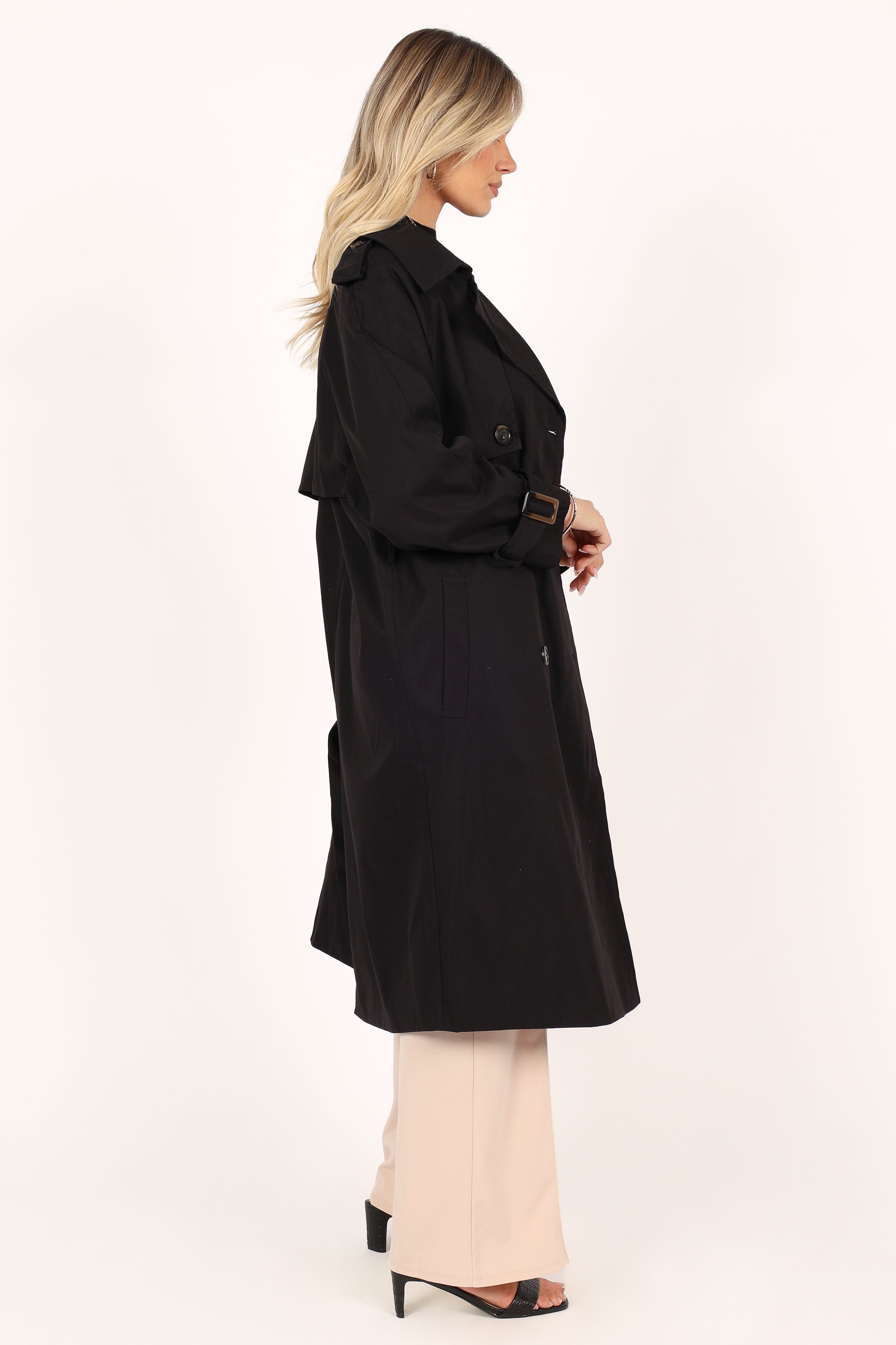 OUTERWEAR @Trina Button Front Trench Coat - Black