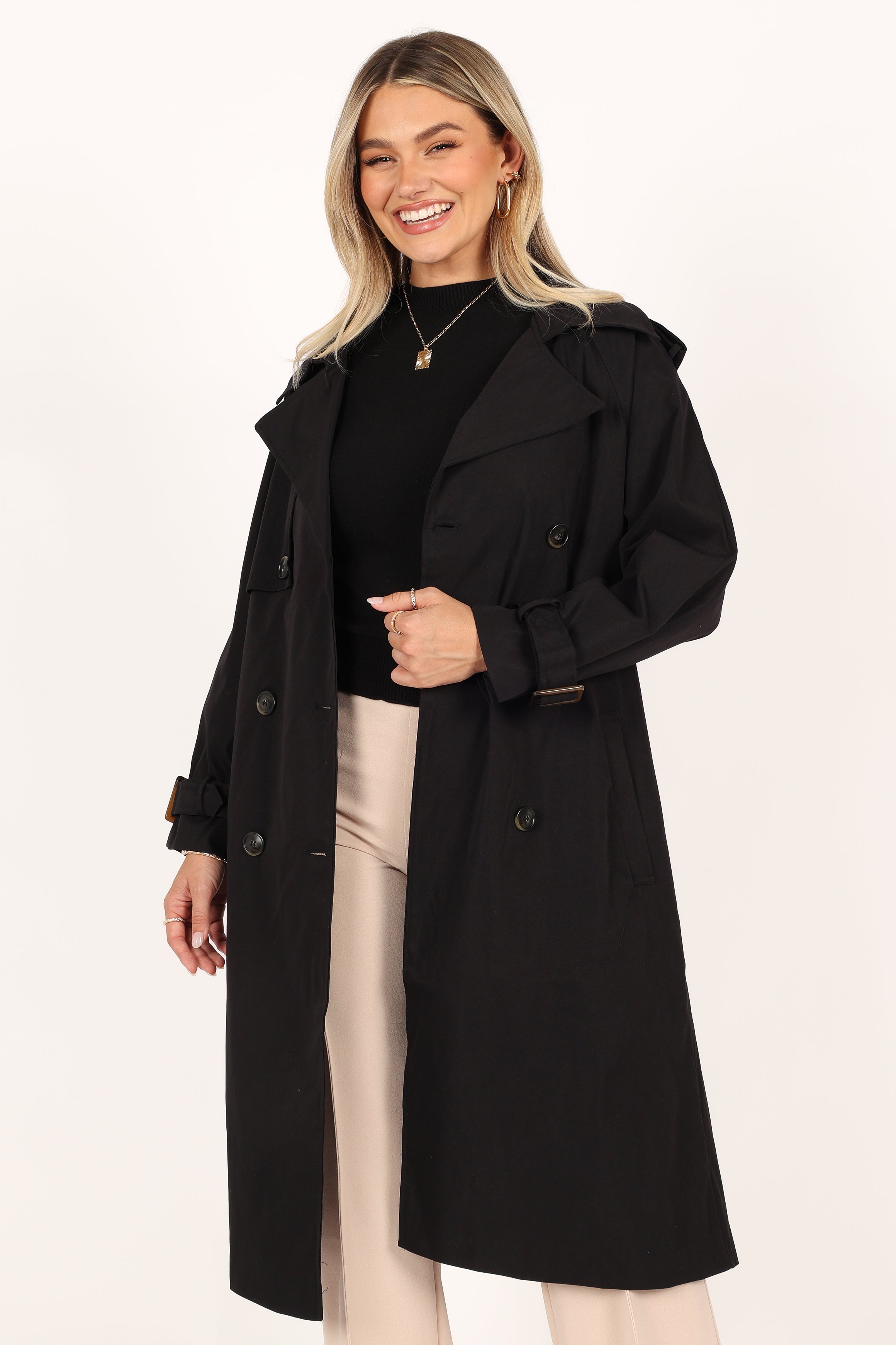 OUTERWEAR @Trina Button Front Trench Coat - Black