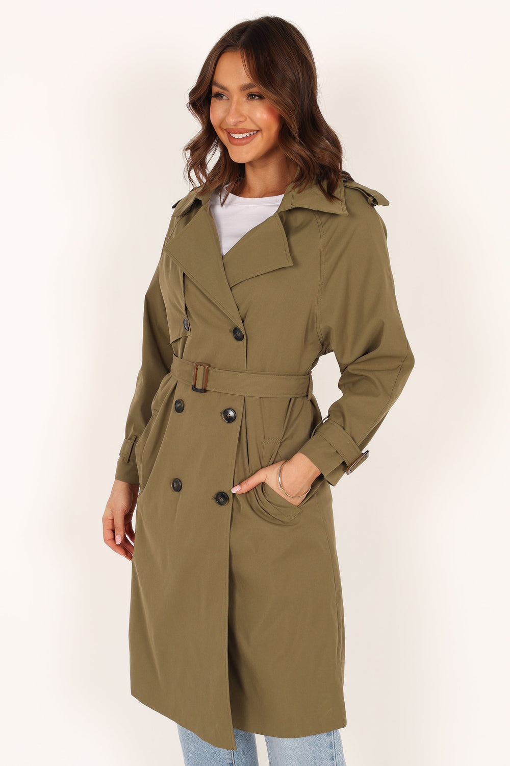 Outerwear @Trina Button Front Trench Coat - Olive