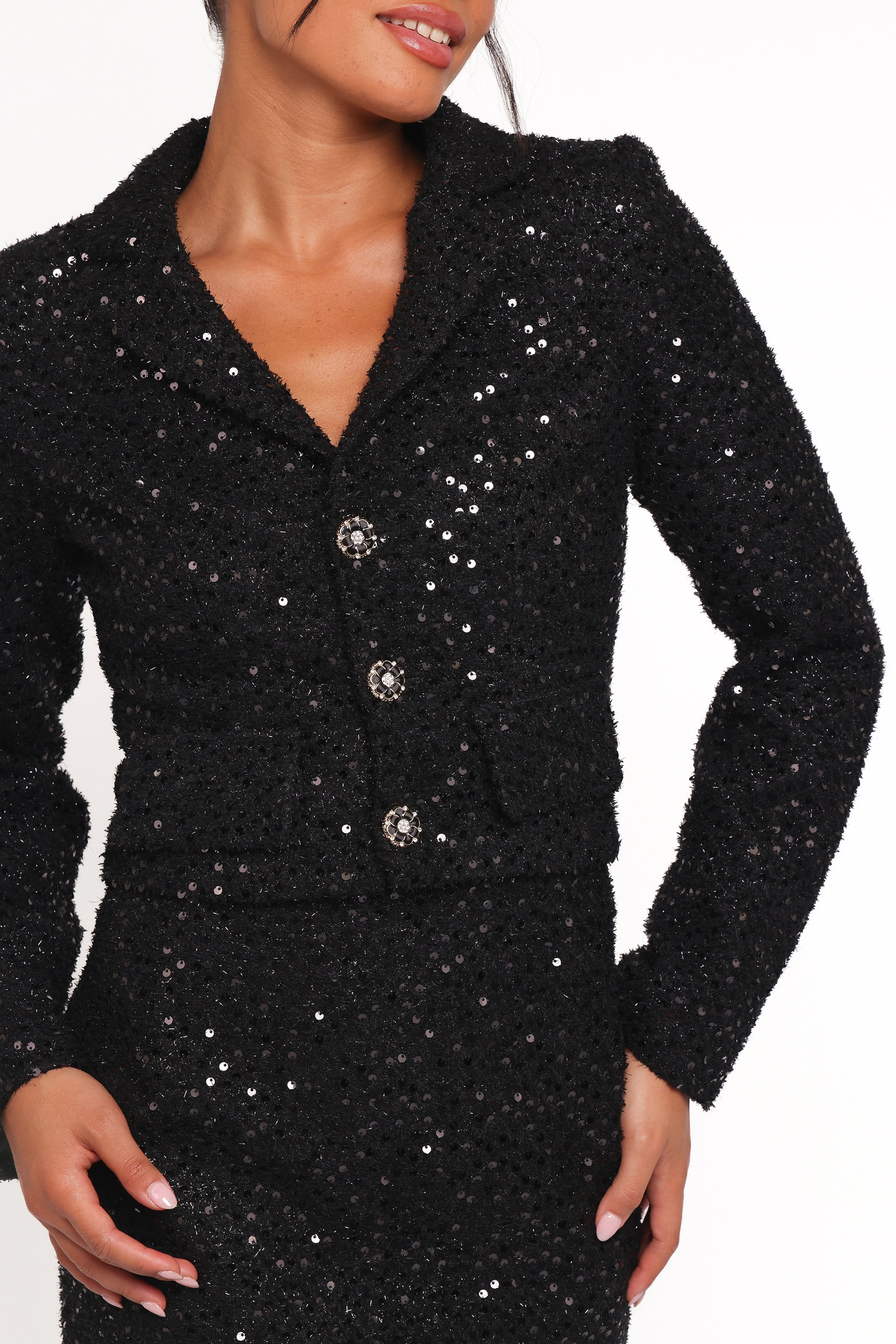 OUTERWEAR Valentina Cropped Blazer - Black Sequin