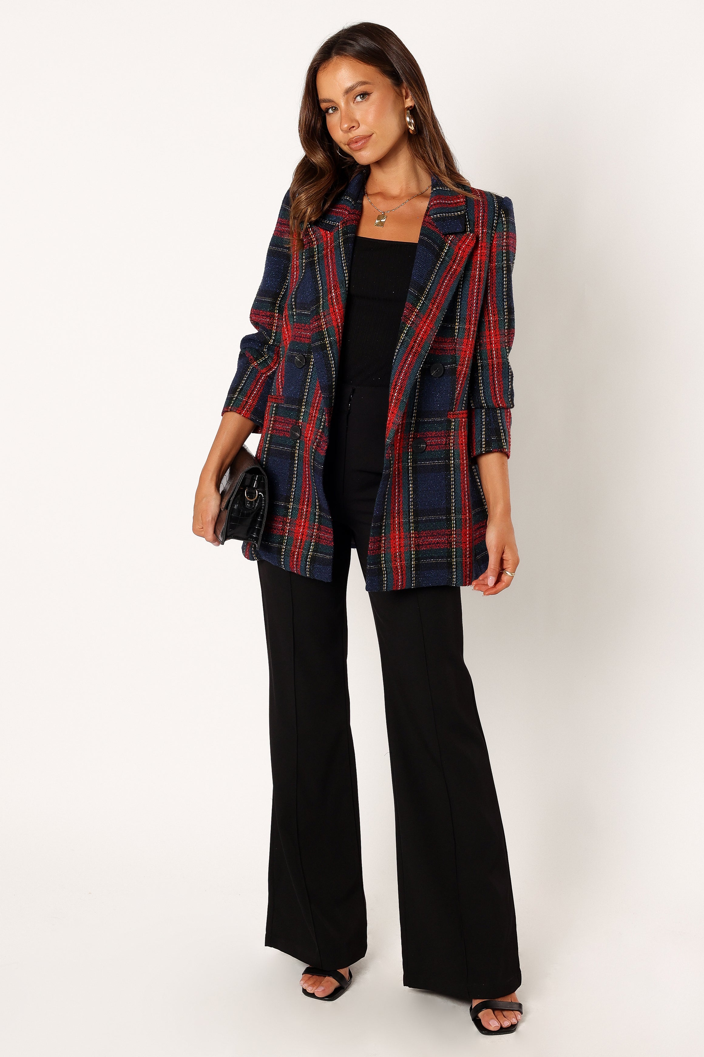 OUTERWEAR @Vivienne Plaid Blazer - Red/Navy Multi