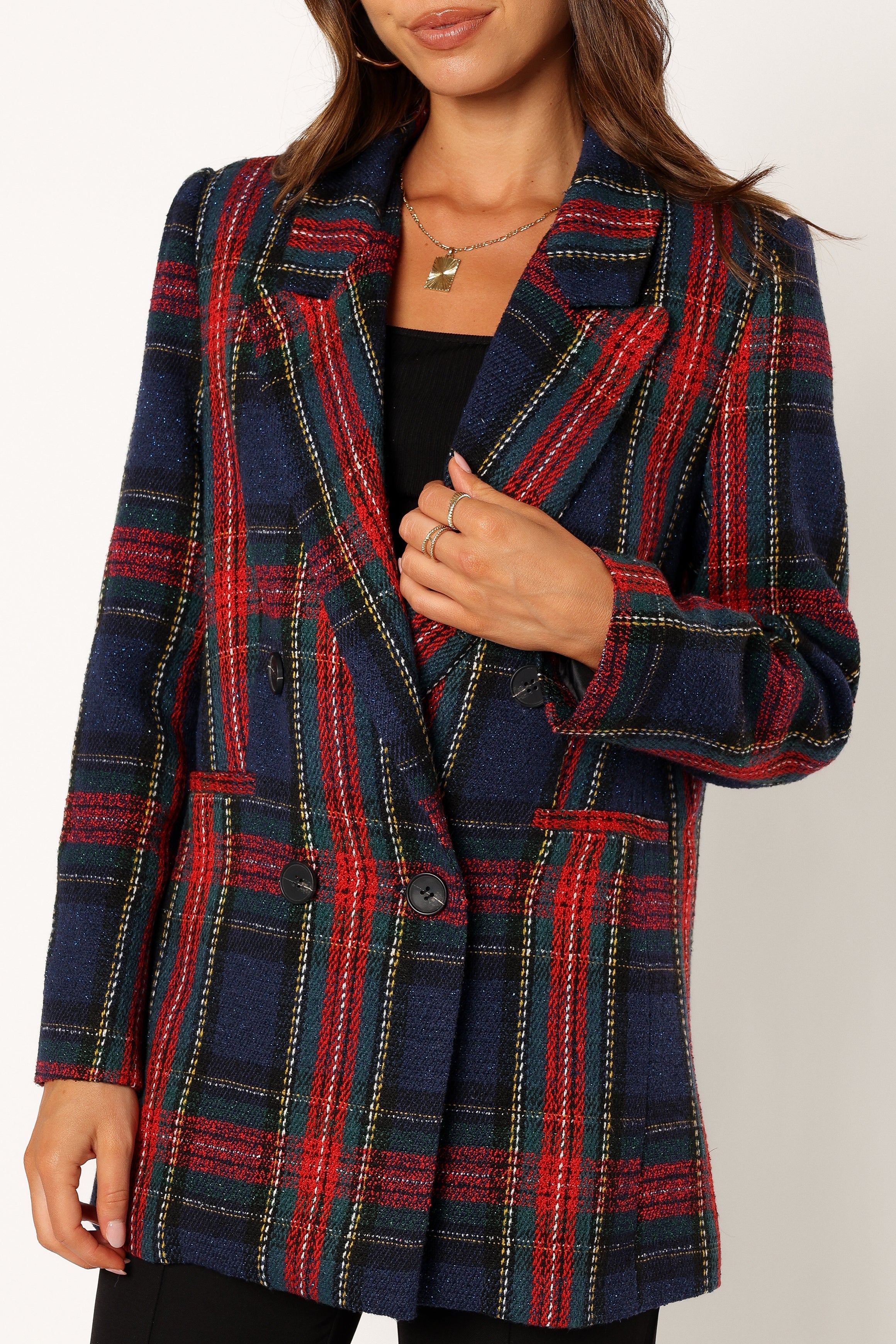 OUTERWEAR @Vivienne Plaid Blazer - Red/Navy Multi