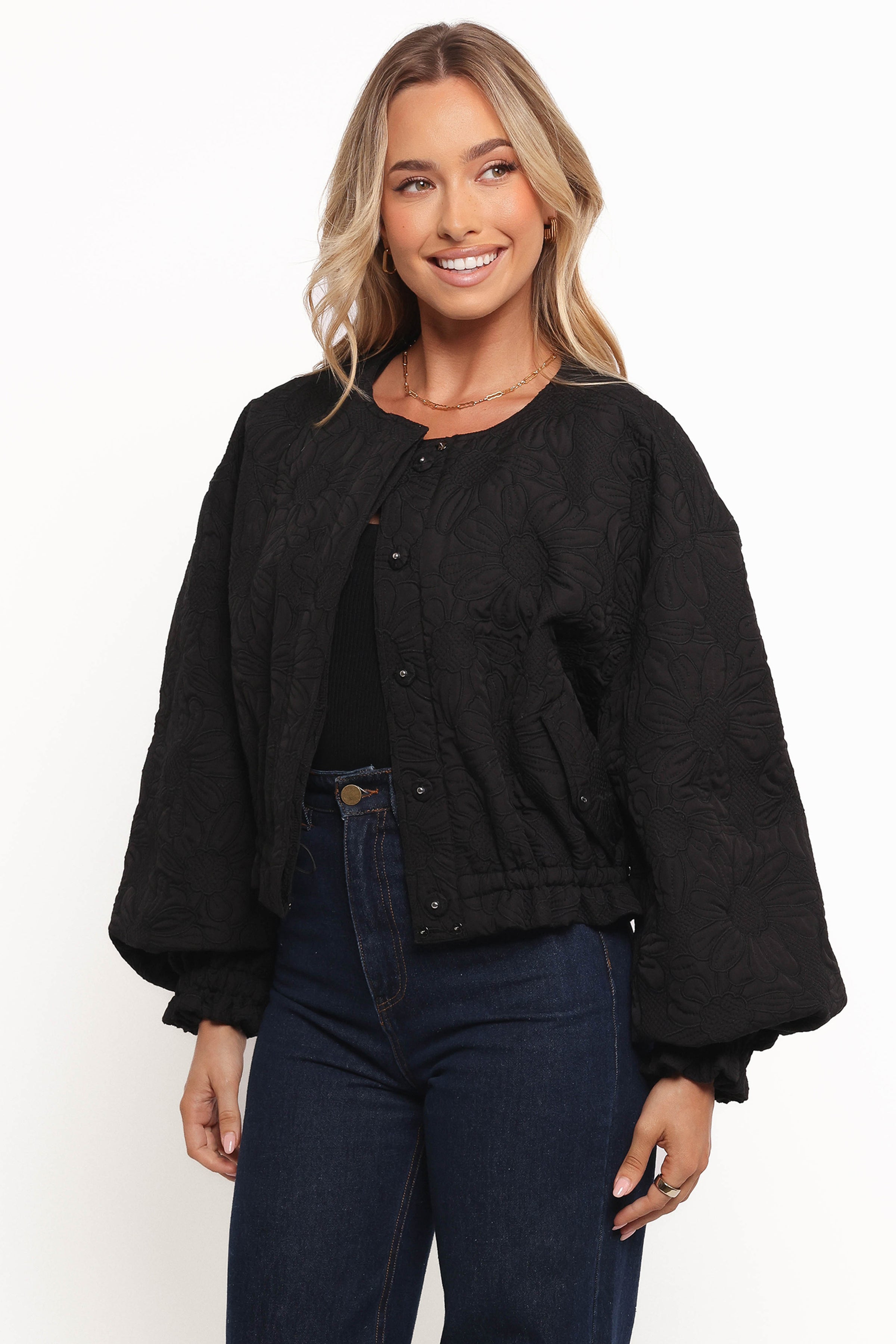 OUTERWEAR Yuki Tonal Embroidered Flower Jacket - Black