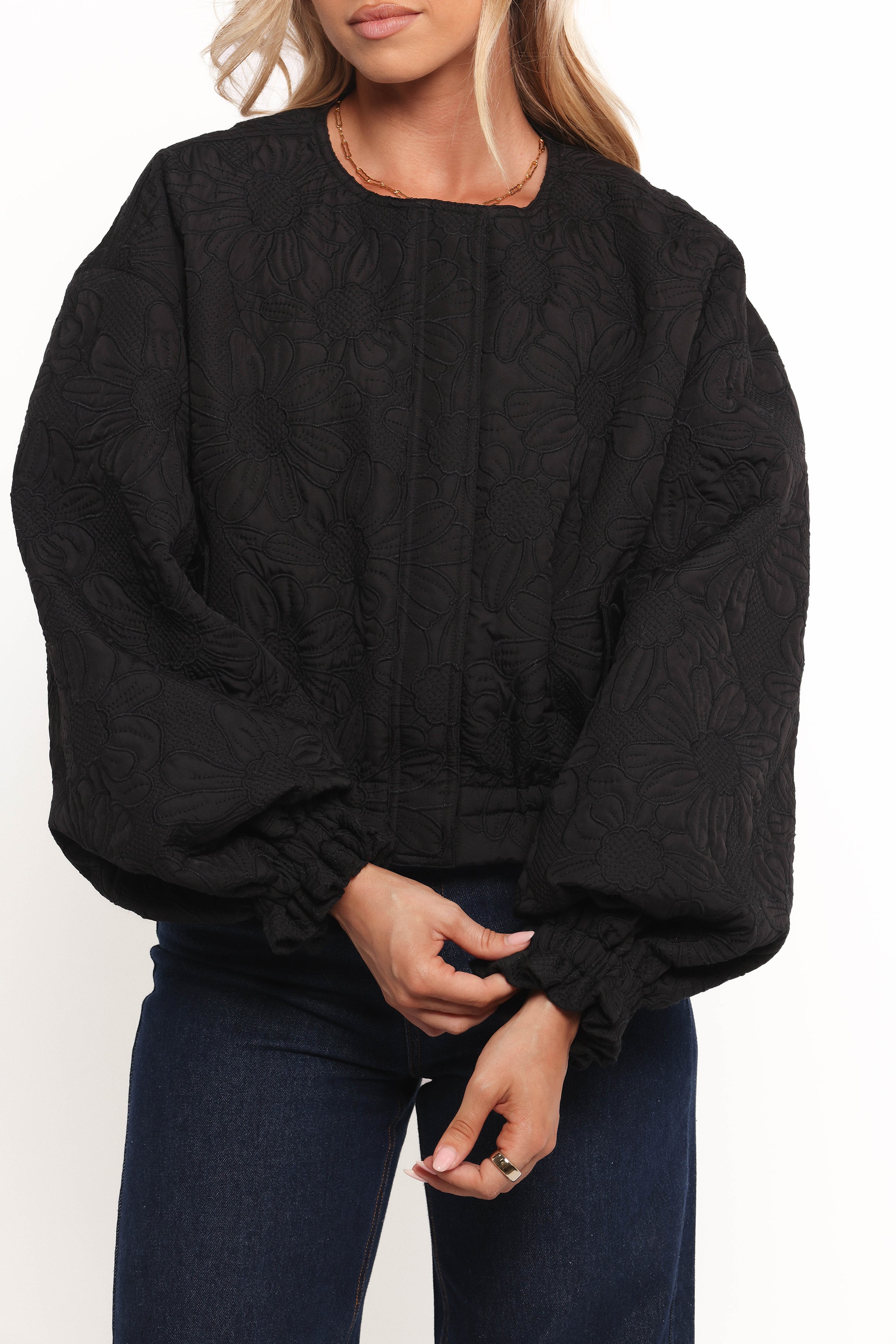 OUTERWEAR Yuki Tonal Embroidered Flower Jacket - Black