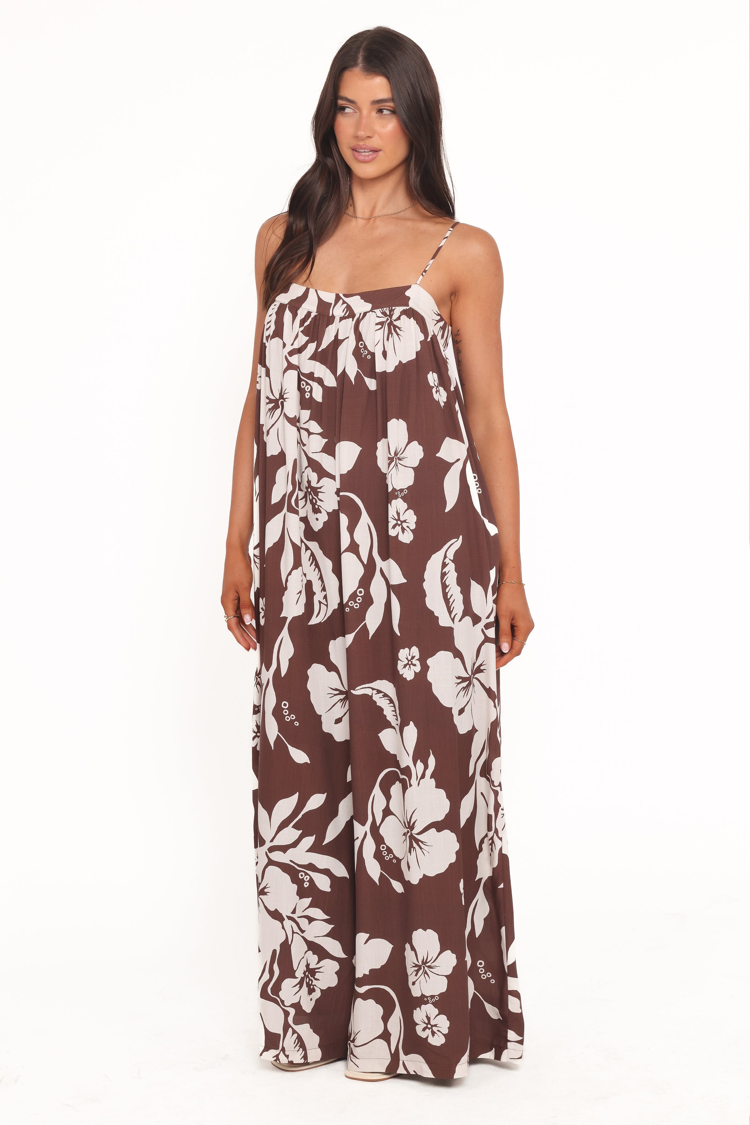 PLAYSUITS Abegail Flowy Jumpsuit - Brown Hibiscus