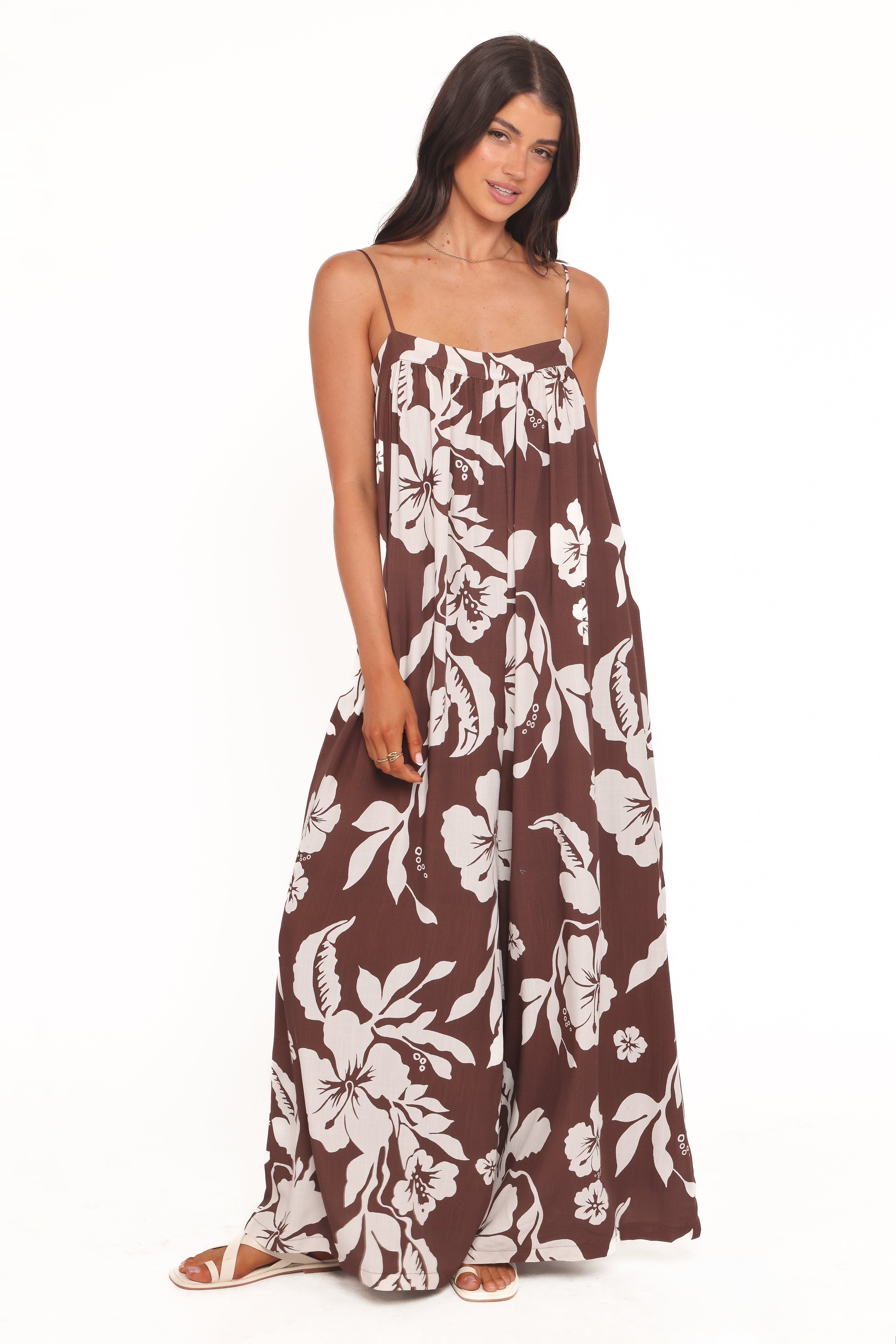 PLAYSUITS Abegail Flowy Jumpsuit - Brown Hibiscus