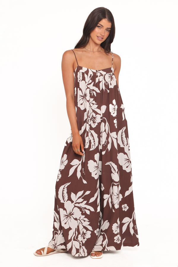 PLAYSUITS Abegail Flowy Jumpsuit - Brown Hibiscus