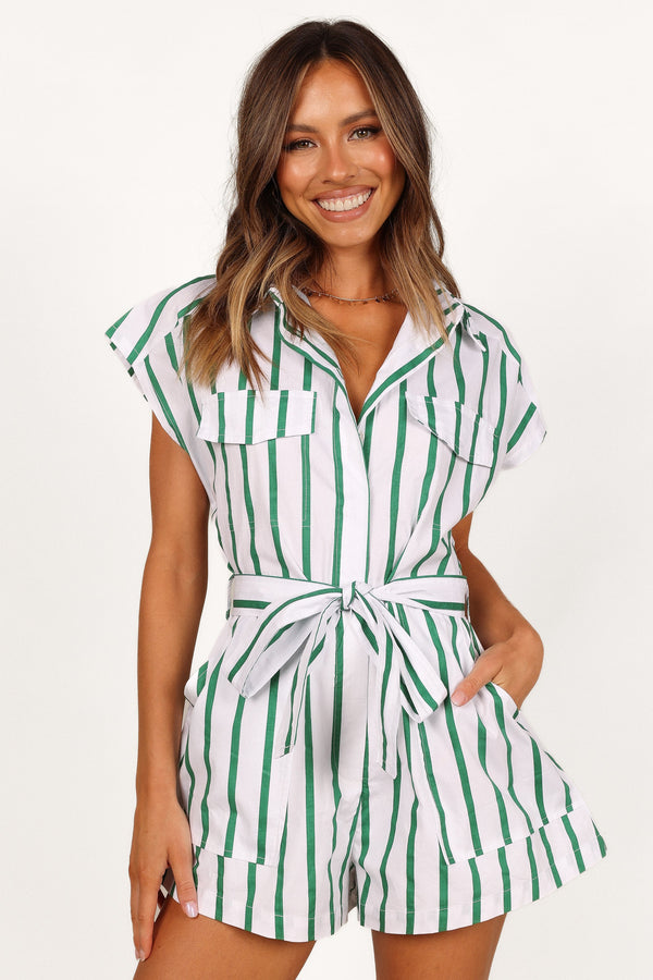 PLAYSUITS Addie Tie Waist Playsuit - White/Green