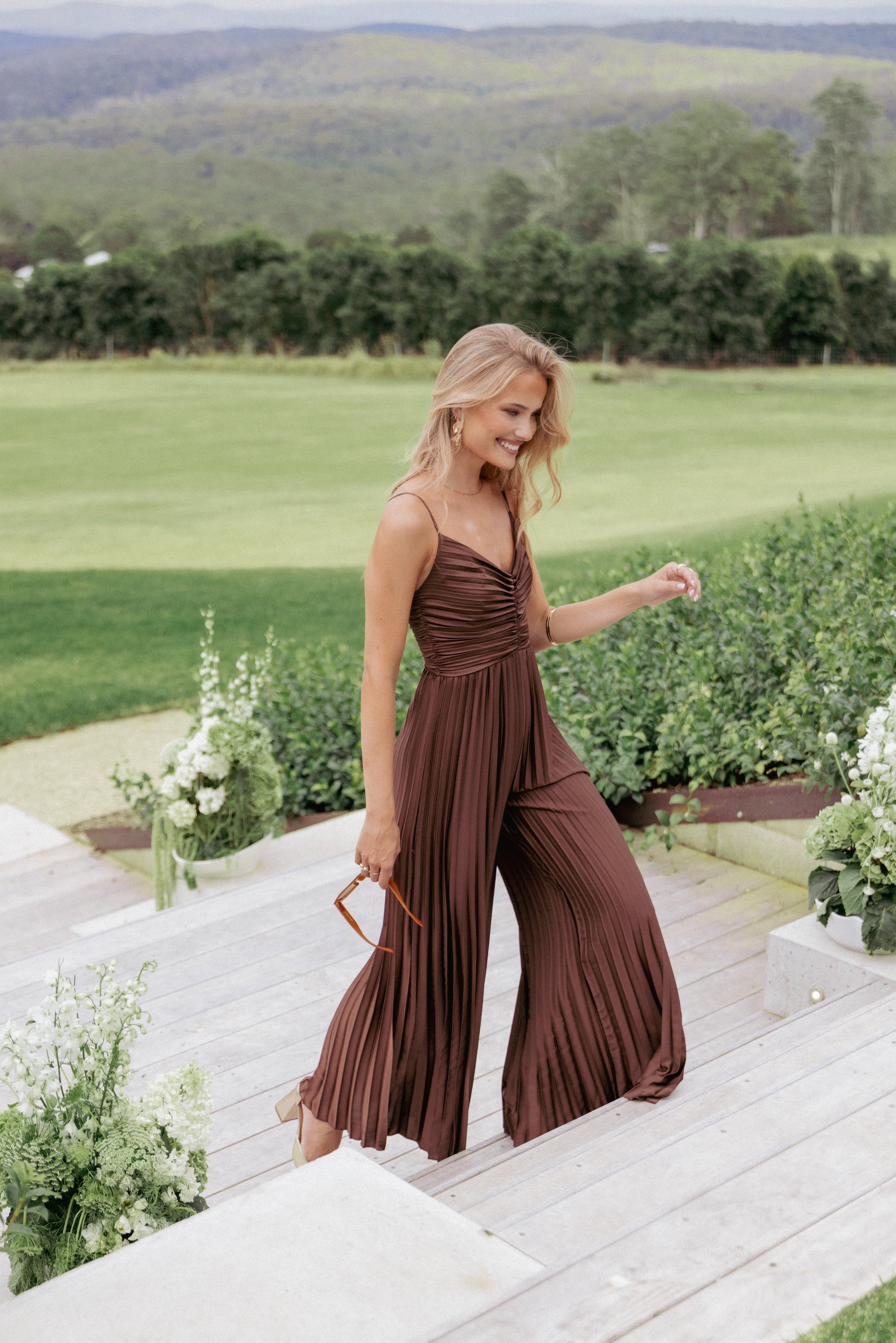 PLAYSUITS Angelique Pleated Jumpsuit - Chocolate Brown