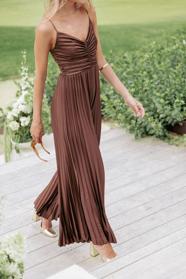 PLAYSUITS Angelique Pleated Jumpsuit - Chocolate Brown