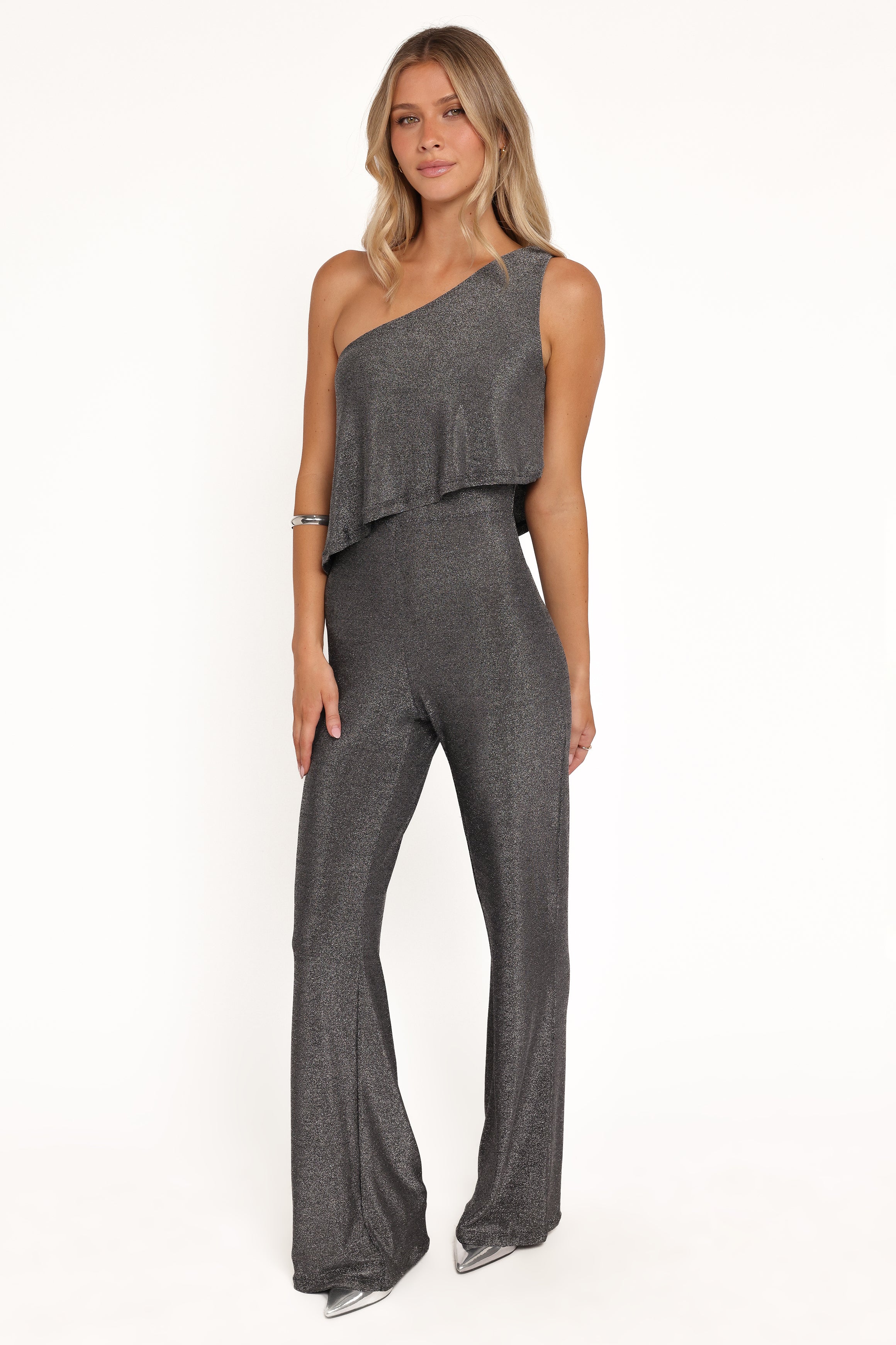 PLAYSUITS Anna One Shoulder Lurex Jumpsuit - Black Silver