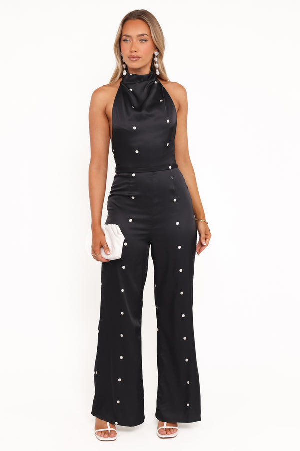 PLAYSUITS Bentley Halterneck Jumpsuit - Black Polka Dot