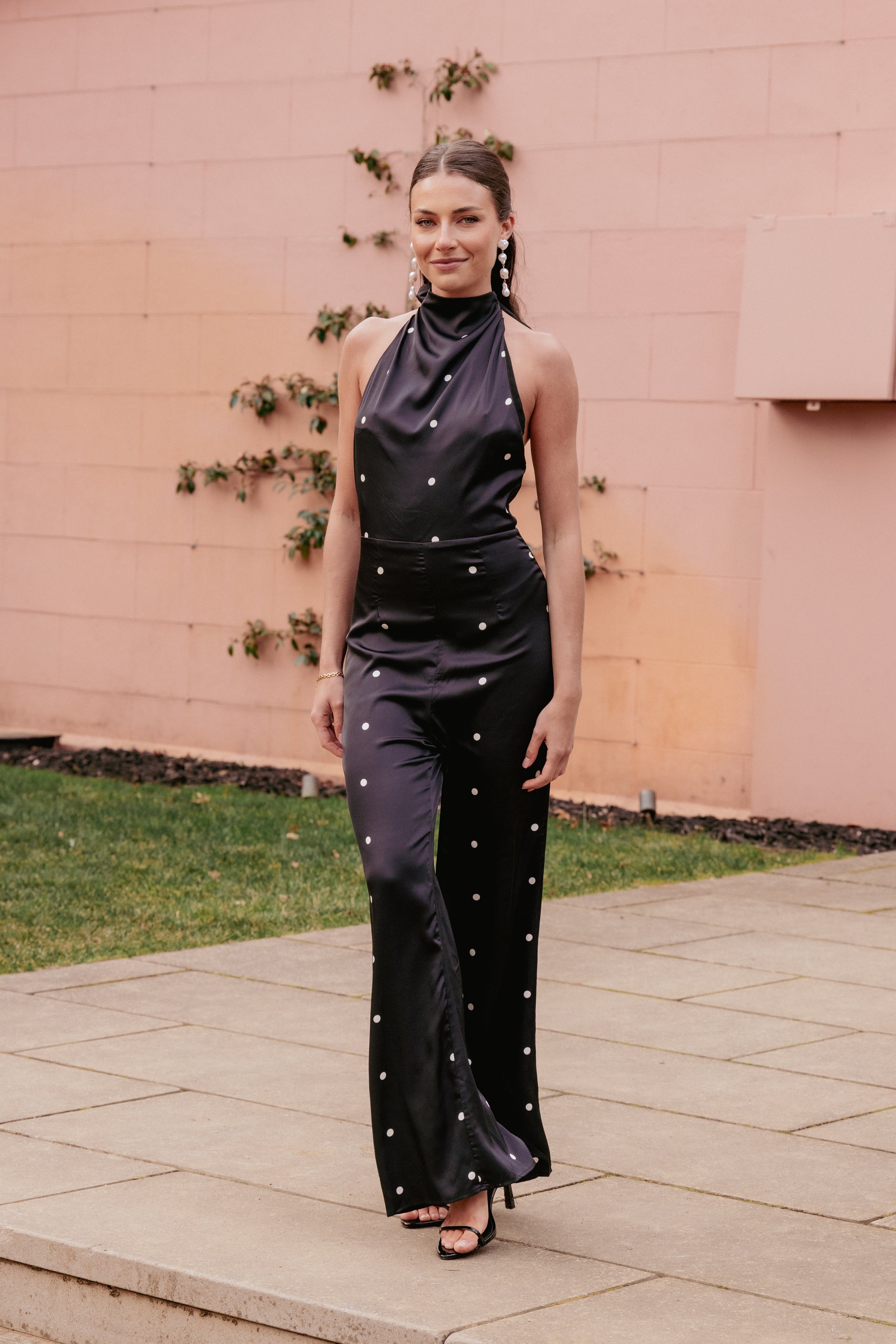 PLAYSUITS Bentley Halterneck Jumpsuit - Black Polka Dot