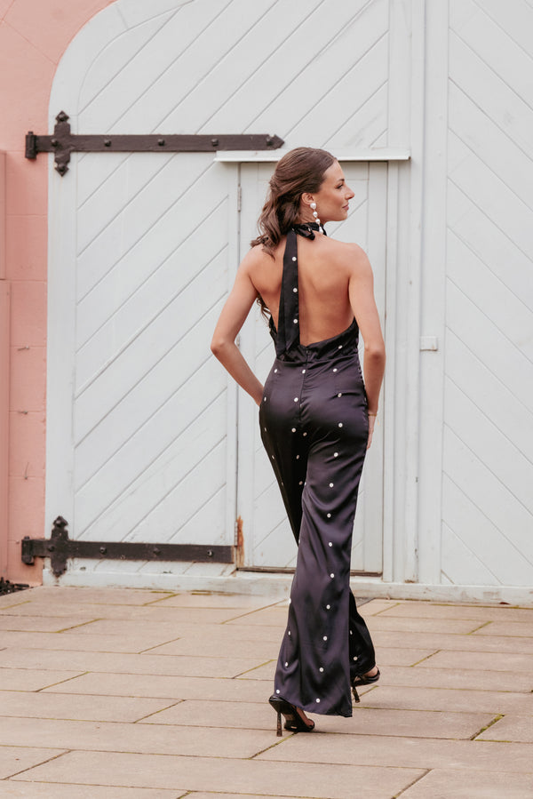 PLAYSUITS Bentley Halterneck Jumpsuit - Black Polka Dot