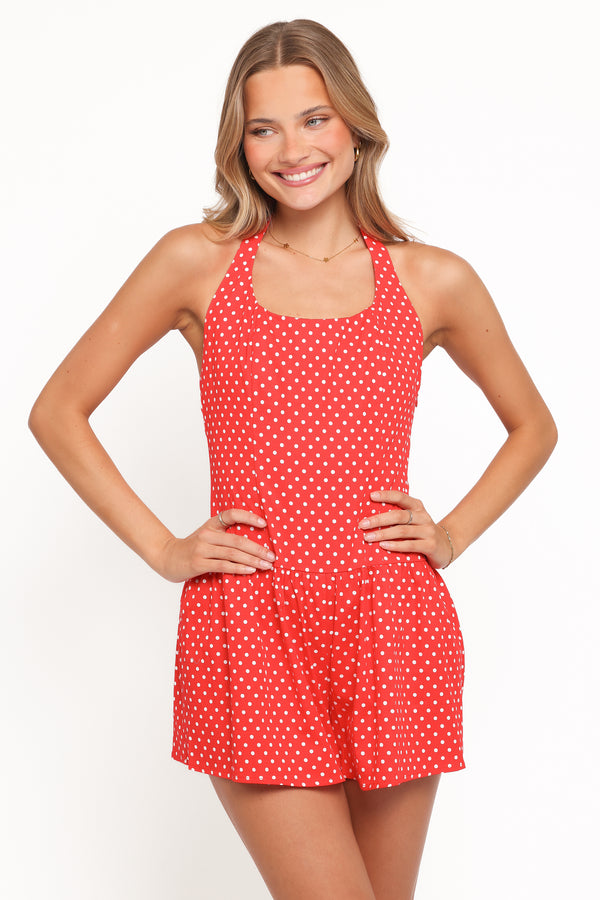 PLAYSUITS Briella Halter Neck Playsuit - Red White Polka Dot
