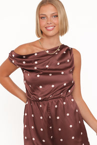 PLAYSUITS Cassidy One Shoulder Playsuit - Brown Polka Dot