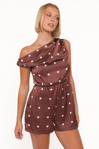 PLAYSUITS Cassidy One Shoulder Playsuit - Brown Polka Dot
