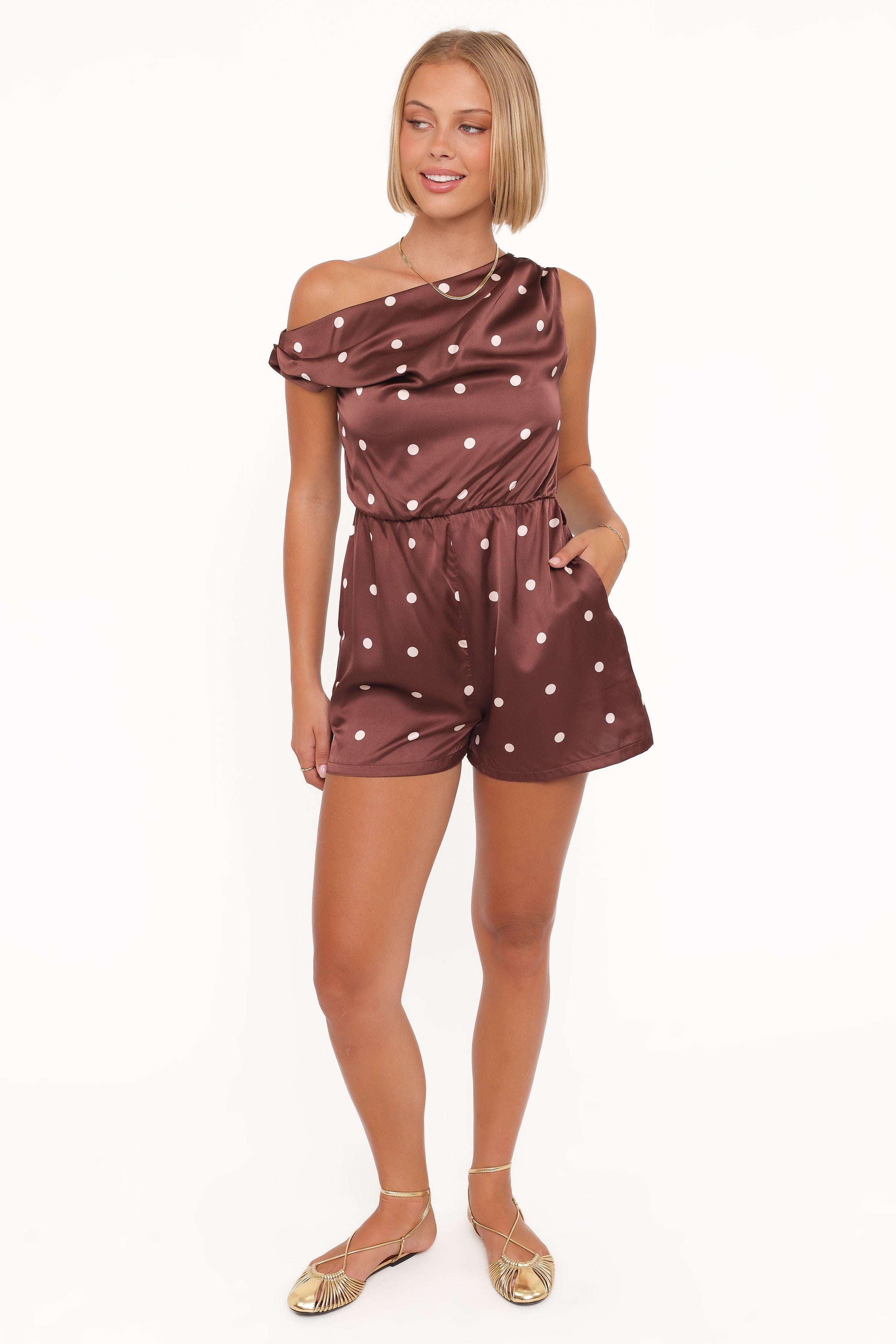 PLAYSUITS Cassidy One Shoulder Playsuit - Brown Polka Dot