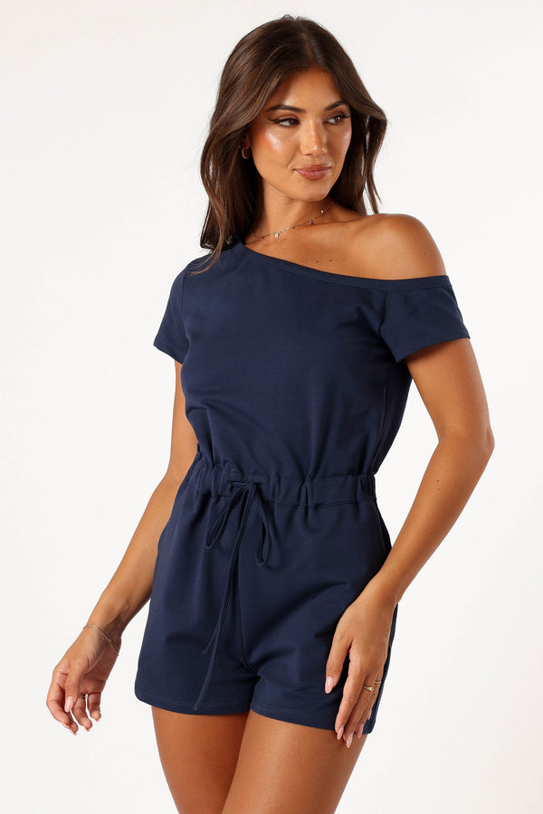 PLAYSUITS @Cecilia Off Shoulder Playsuit - Navy