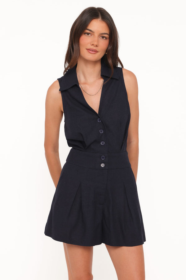 PLAYSUITS Claudia Collared Romper - Navy