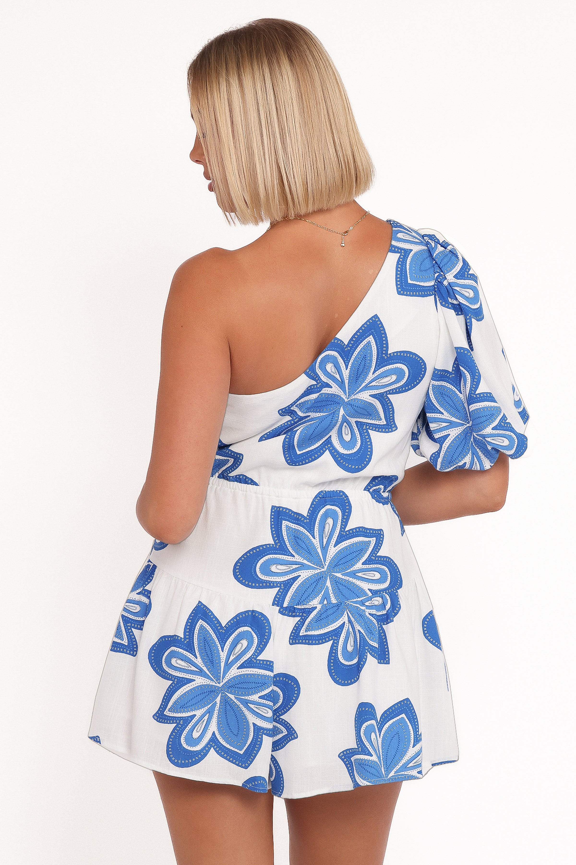 PLAYSUITS Delphine One Shoulder Playsuit - White Blue