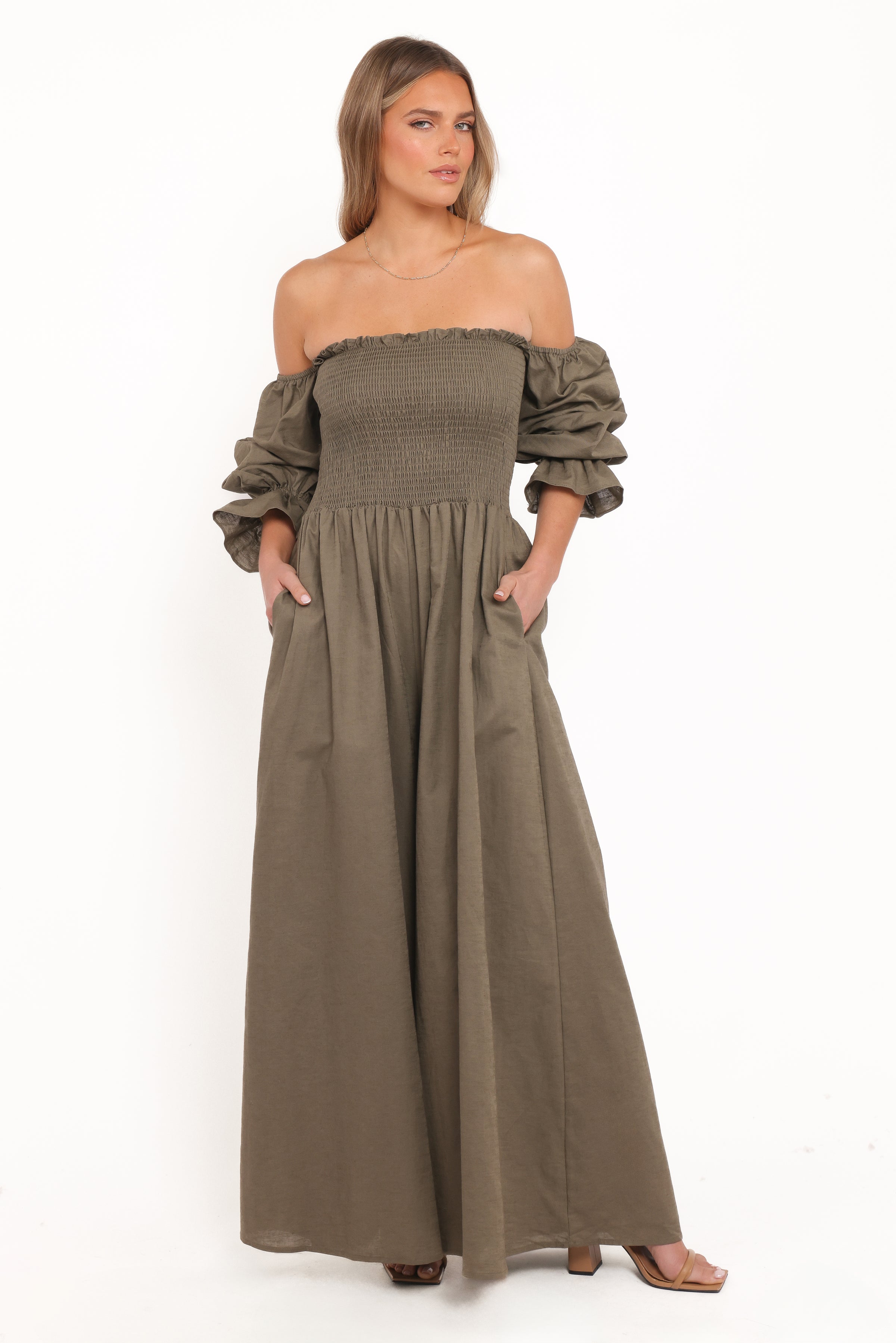 PLAYSUITS Domenica Shirred Long Sleeve Jumpsuit - Olive