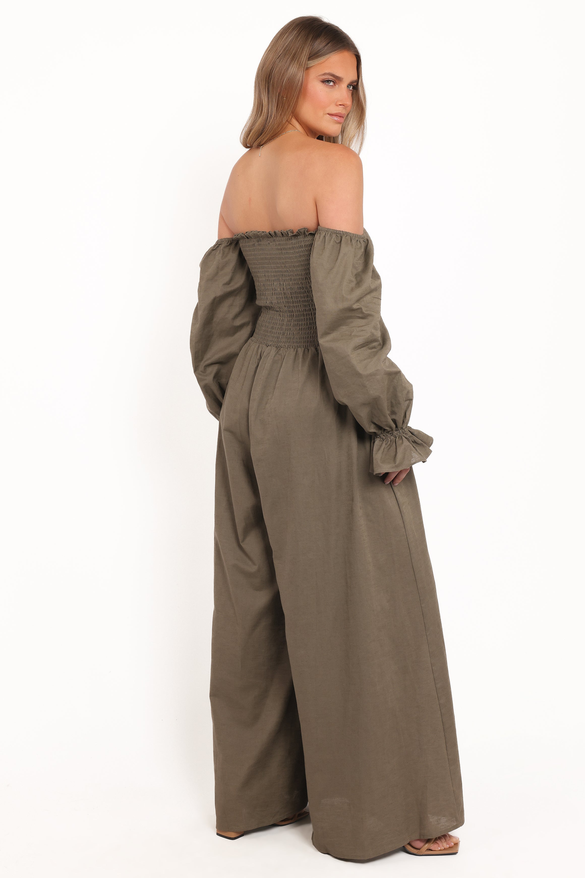 PLAYSUITS Domenica Shirred Long Sleeve Jumpsuit - Olive